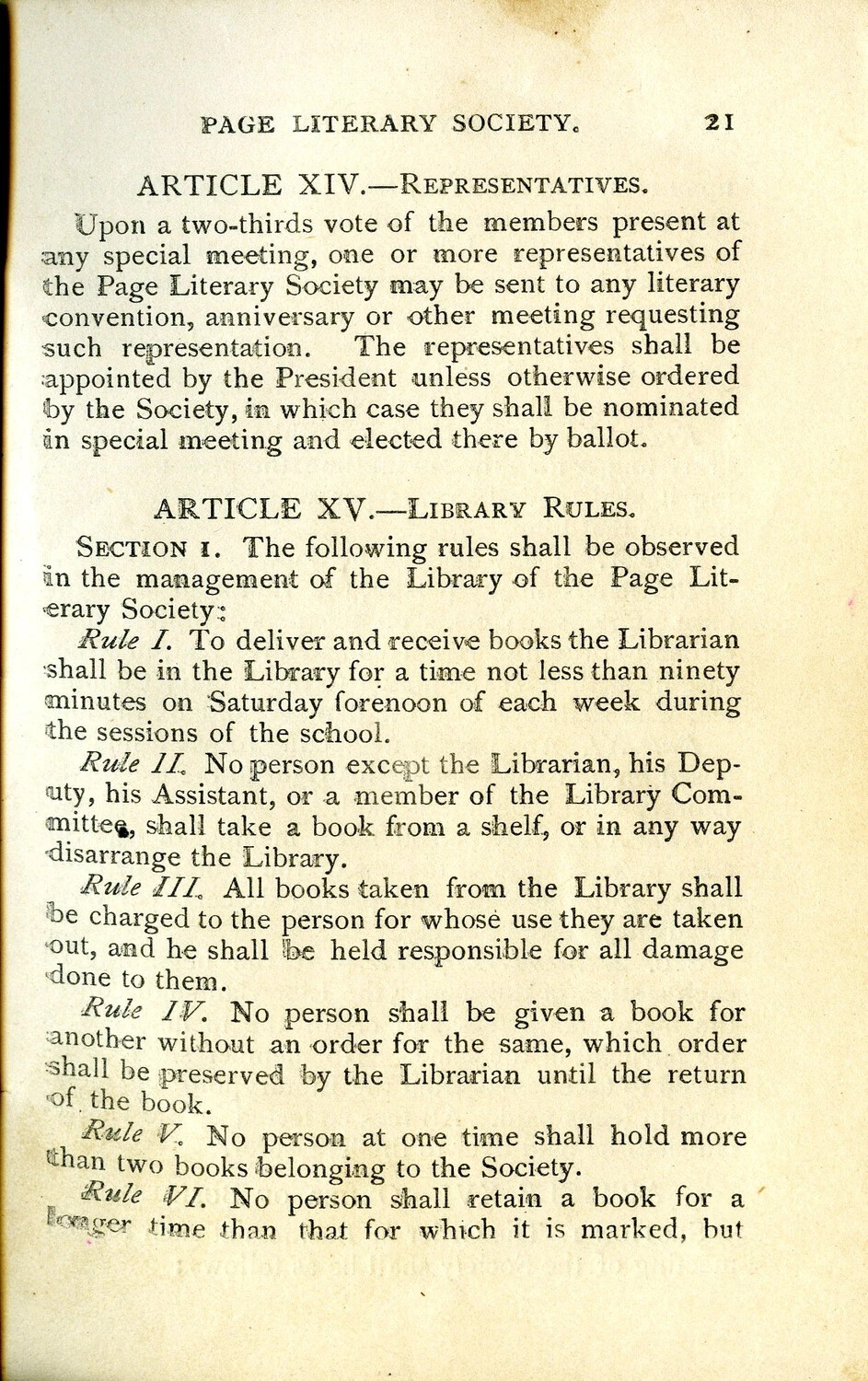 Page Literary Society Rule Book, Page 21 (Articles XIV-XV) — Wagener Collection