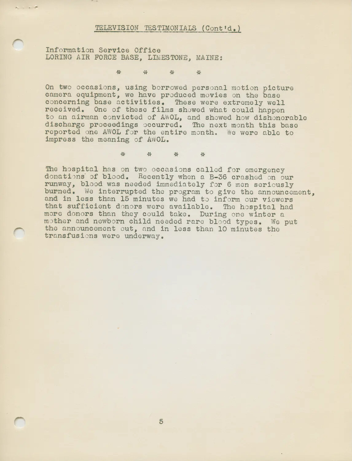 AFRTS Television Testimonials Report, Page 5 - Loring Air Force Base, Limestone, Maine