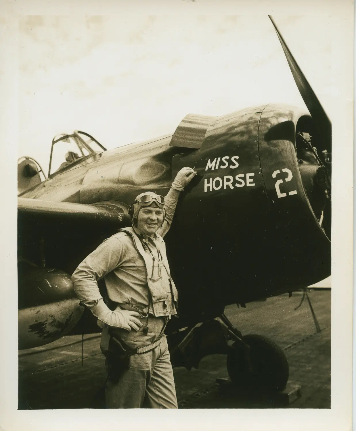 U.S. Navy Fighter Pilot with FM-2 Wildcat 'Miss Horse', USS Petrof Bay (CVE-80)