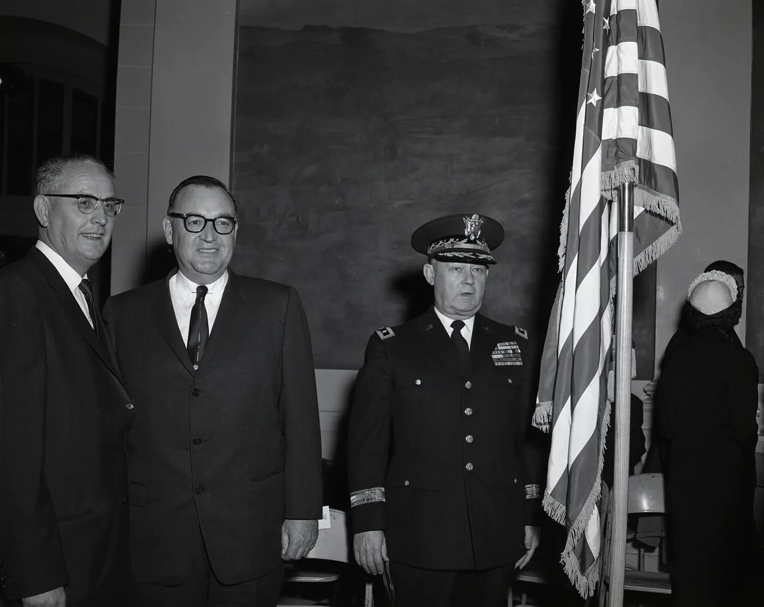 Civilian Officials with California Army National Guard Officer Beside the Colors