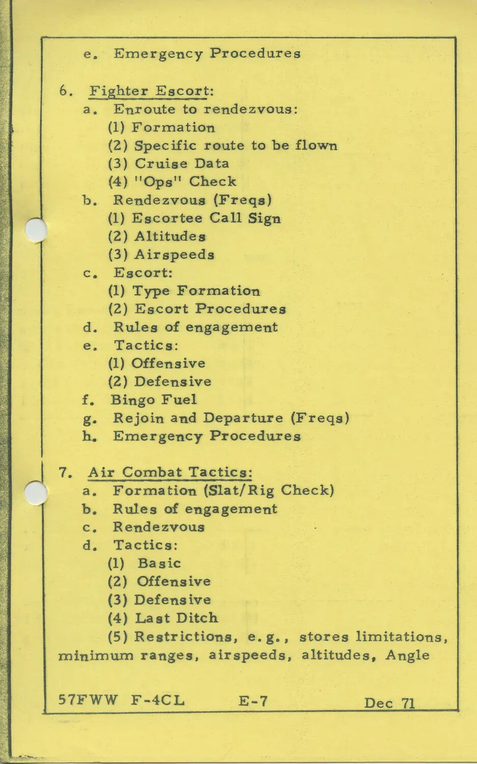 57th Fighter Weapons Wing F-4 Phantom II Training Syllabus Page, 'Fighter Escort' and 'Air Combat Tactics,' December 1971
