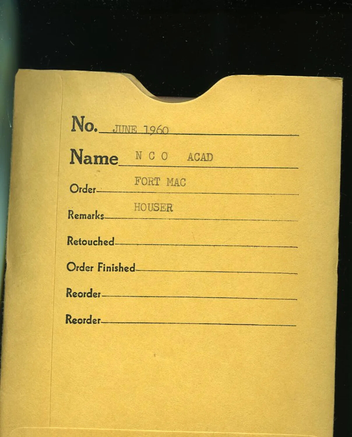 Photo Laboratory Order Envelope, NCO Academy, Fort MacArthur — June 1960