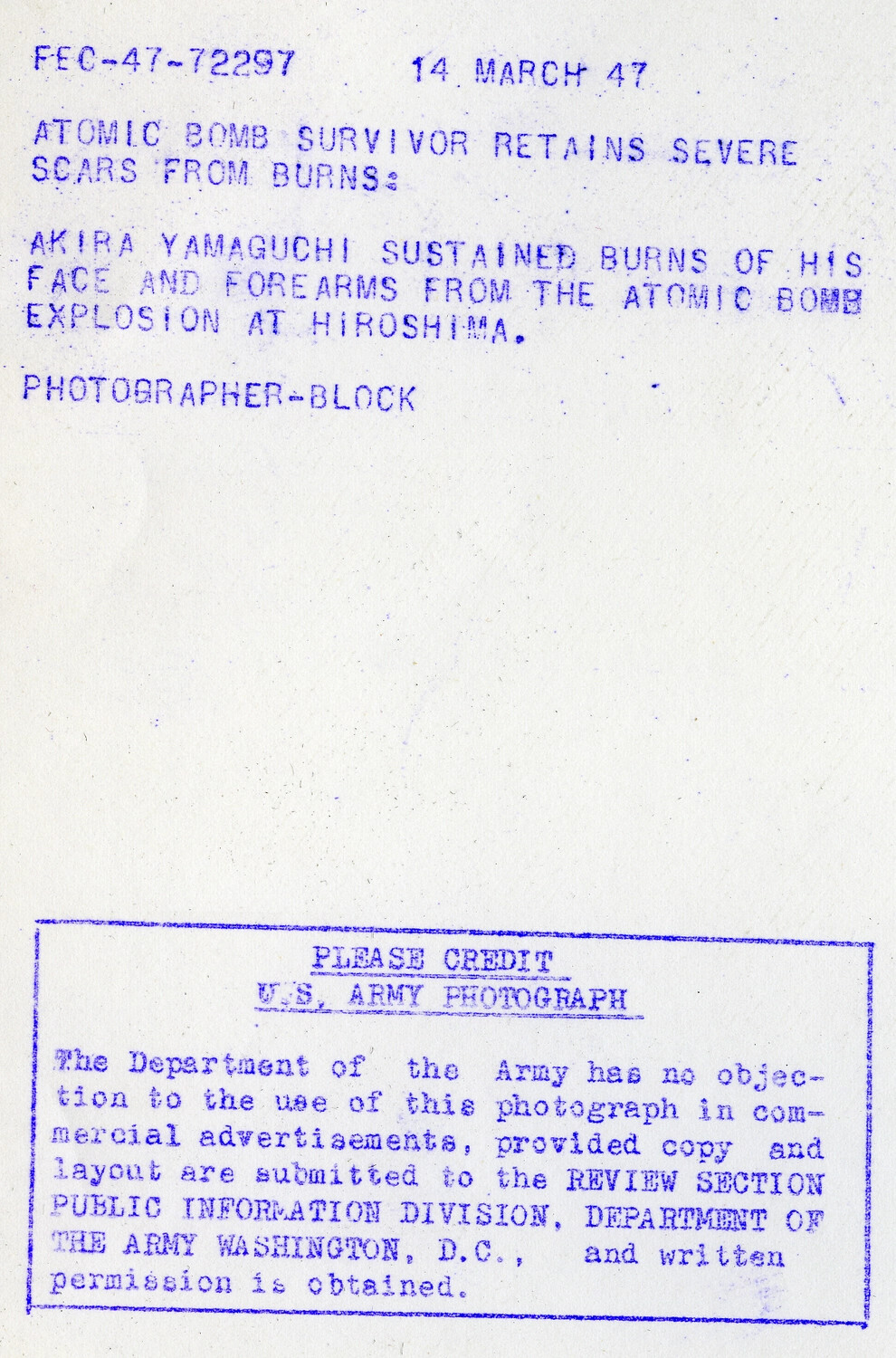 Verso of U.S. Army Press Photograph: Caption Identifying Hiroshima Atomic Bomb Survivor Akira Yamaguchi, 14 March 1947