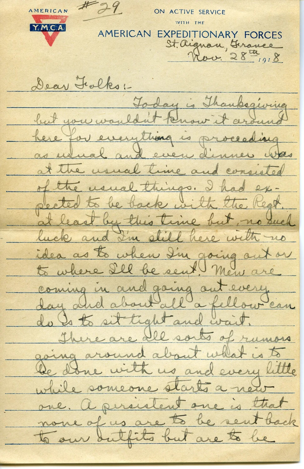 WWI Letter #29 from Pvt. Willis W. Wagener, St. Aignan, France, Thanksgiving Day, November 28, 1918