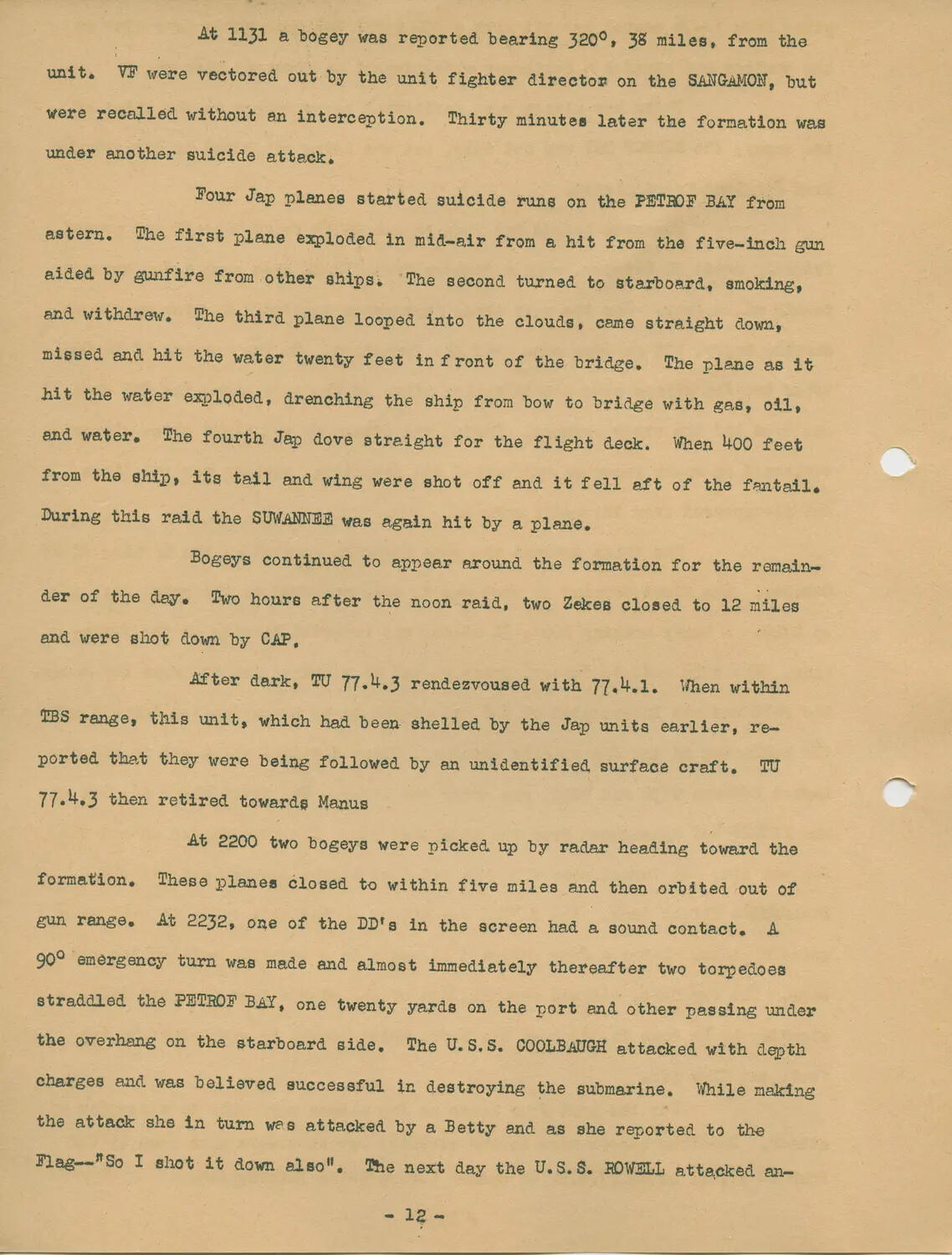USS Petrof Bay (CVE-80) War History Document, Page 12 - Kamikaze and Submarine Attacks, Task Unit 77.4