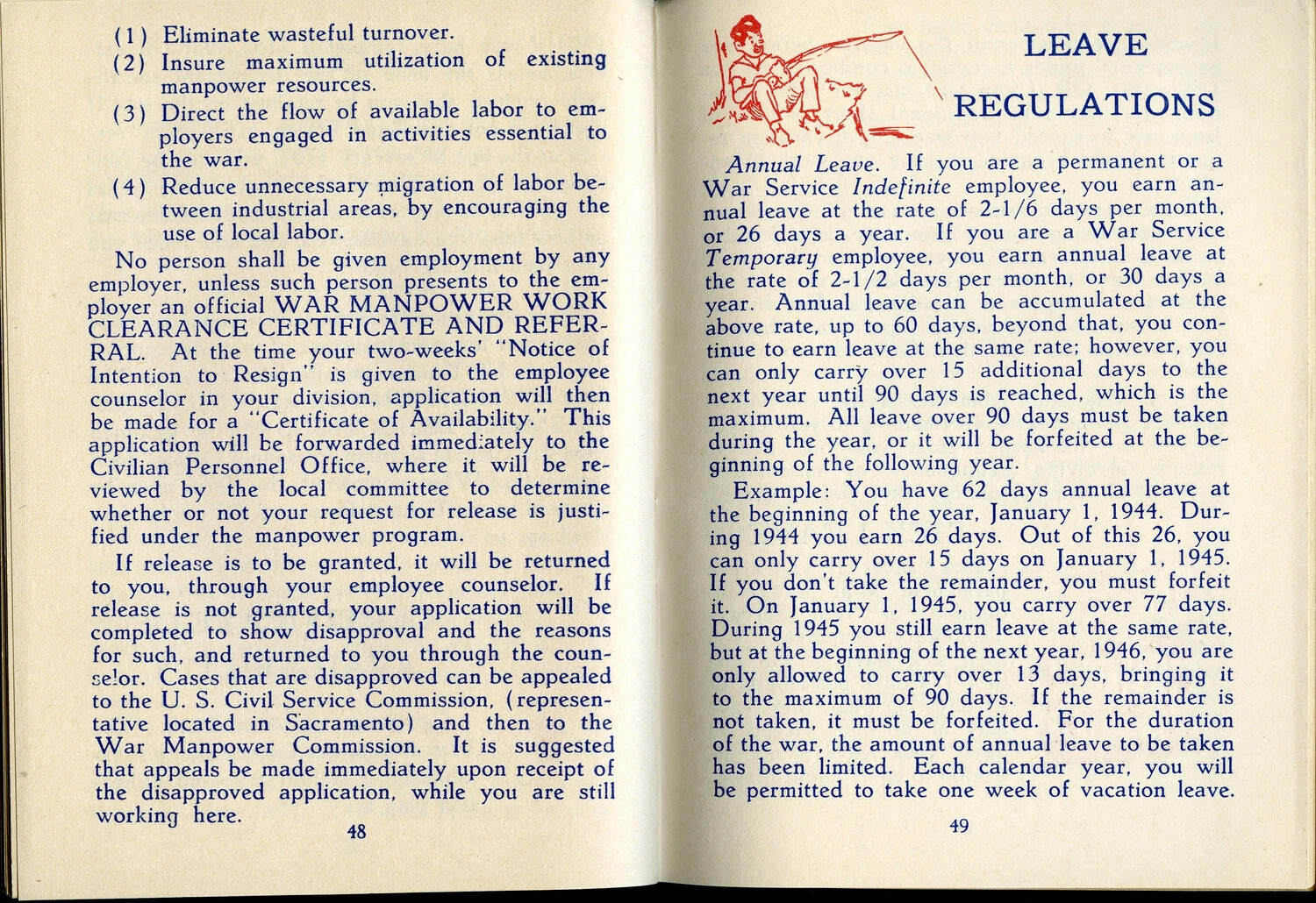 McClellan Field Employee Guide Booklet, Pages 48-49: War Manpower Policy and Leave Regulations, WWII Era