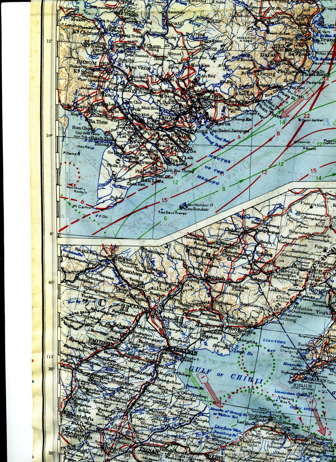 WWII Silk Escape Map Section — French Indochina Coast and North China (Peking/Tientsin/Gulf of Chihli)