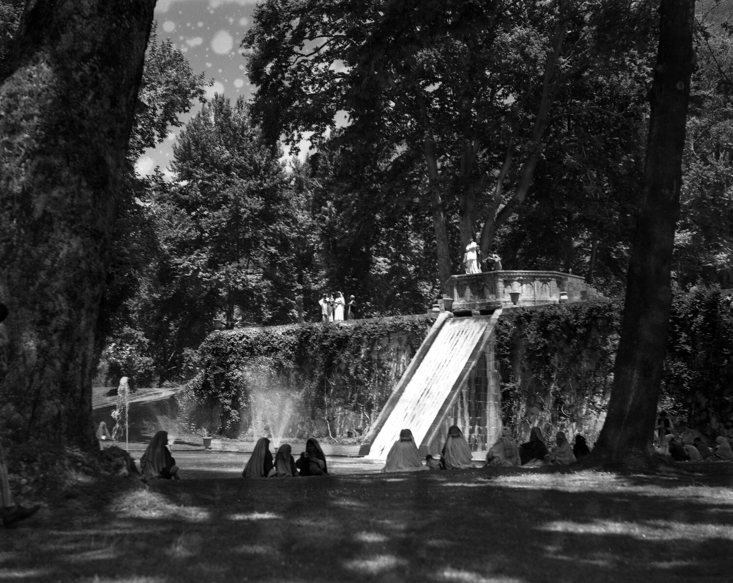 Mughal Garden Water Cascade with Local Visitors, Kashmir Region, CBI Theater Collection (1944-45)