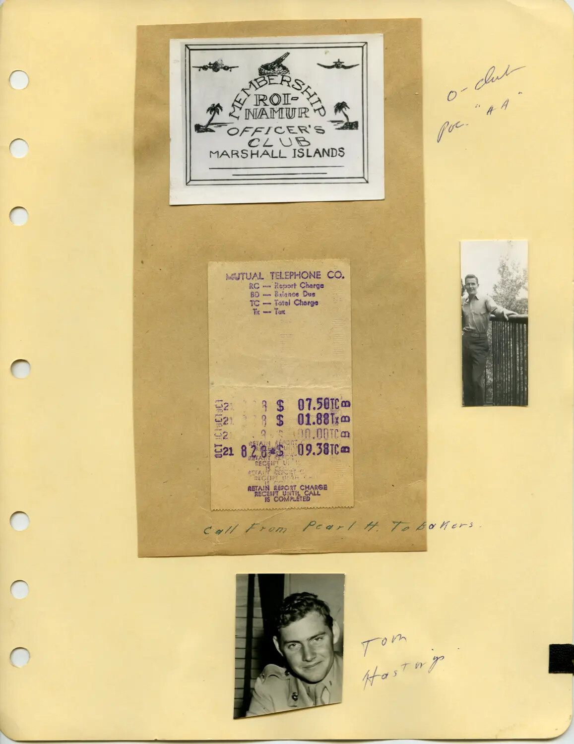 Scrapbook Page: Roi-Namur Officer's Club Membership Card, Phone Receipt, and Personal Photographs — Pat McAleer Collection