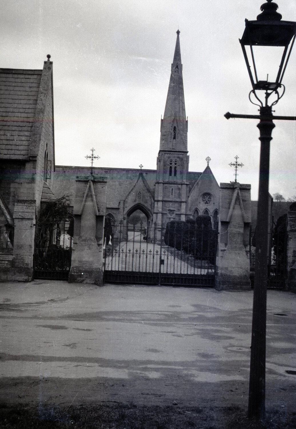Gothic Church and Iron Gate, WWI-Era European Street Scene (Scott Field-England Negatives)