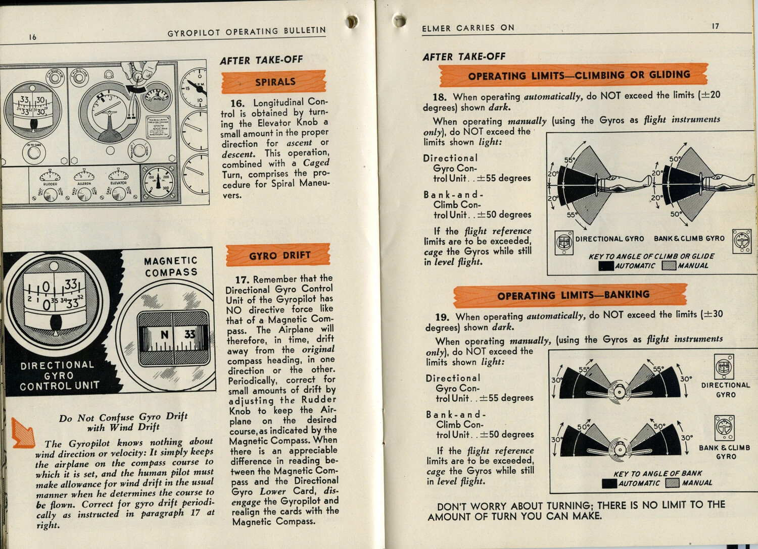 'Gyropilot Operating Bulletin' Training Manual Spread, Pages 16-17 ('Elmer Carries On')