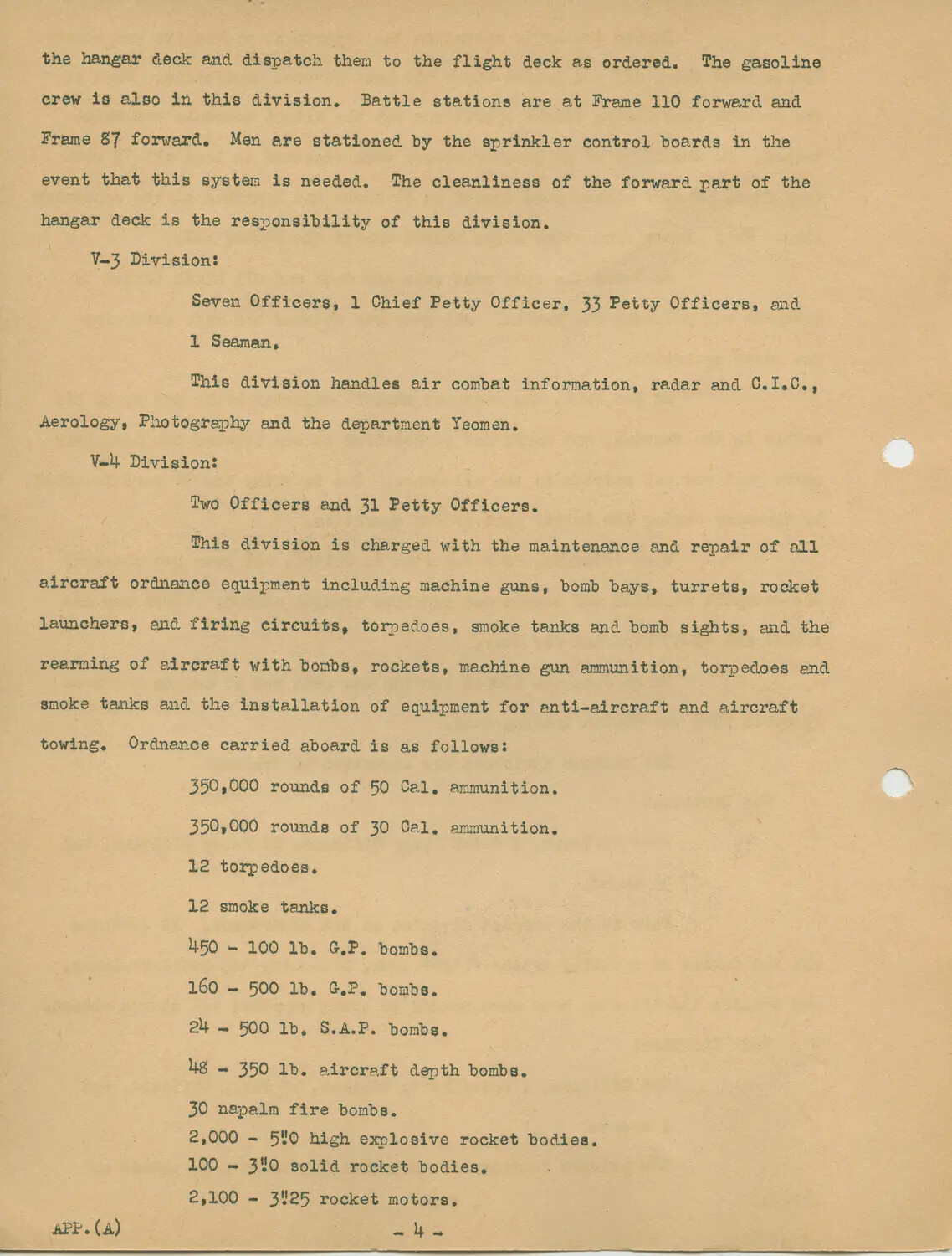Typed Page 4, Appendix (A) - USS Petrof Bay (CVE-80) Air Department Organization Report Detailing V-3 and V-4 Division Duties and Ordnance Inventory