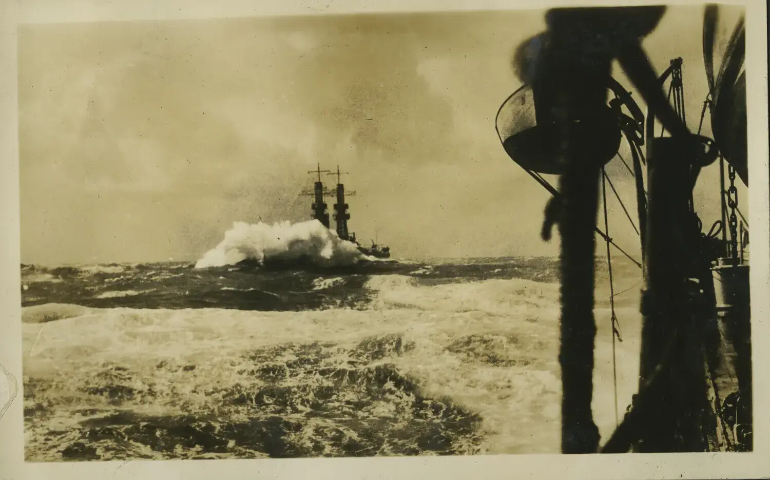 U.S. Navy Battleship Plowing Through Heavy Seas, 1930s (USS Maryland Album)