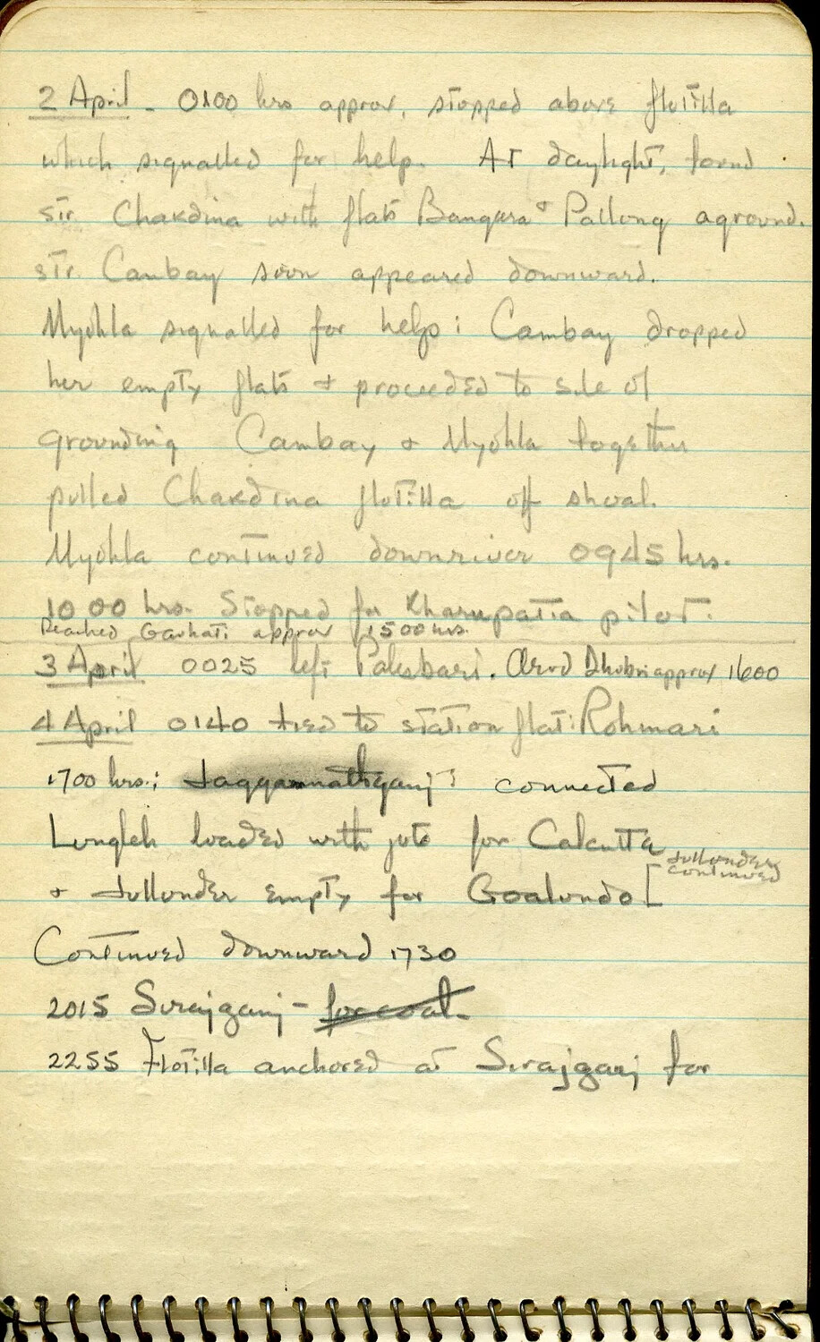 Handwritten Diary/Log Page: Steamer Rescue Operation and Continued River Passage, Assam-Bengal Waterways, 2-4 April 1945
