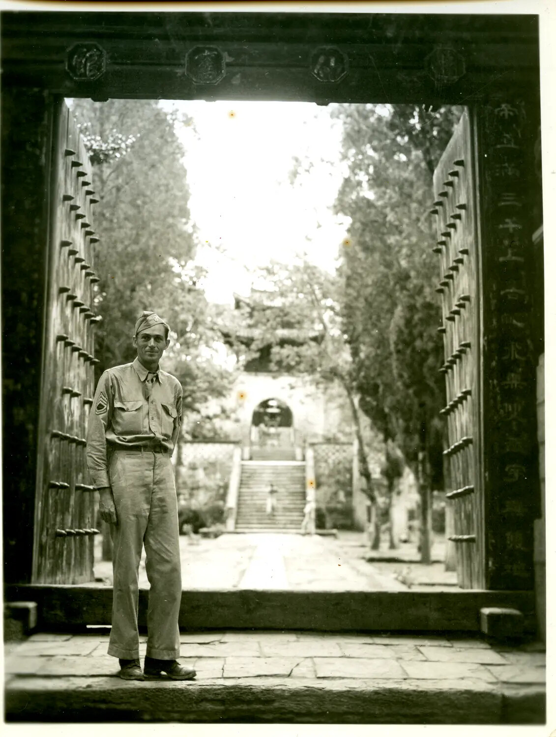 American Sergeant at Chinese Temple Gate, CBI Theater, WWII