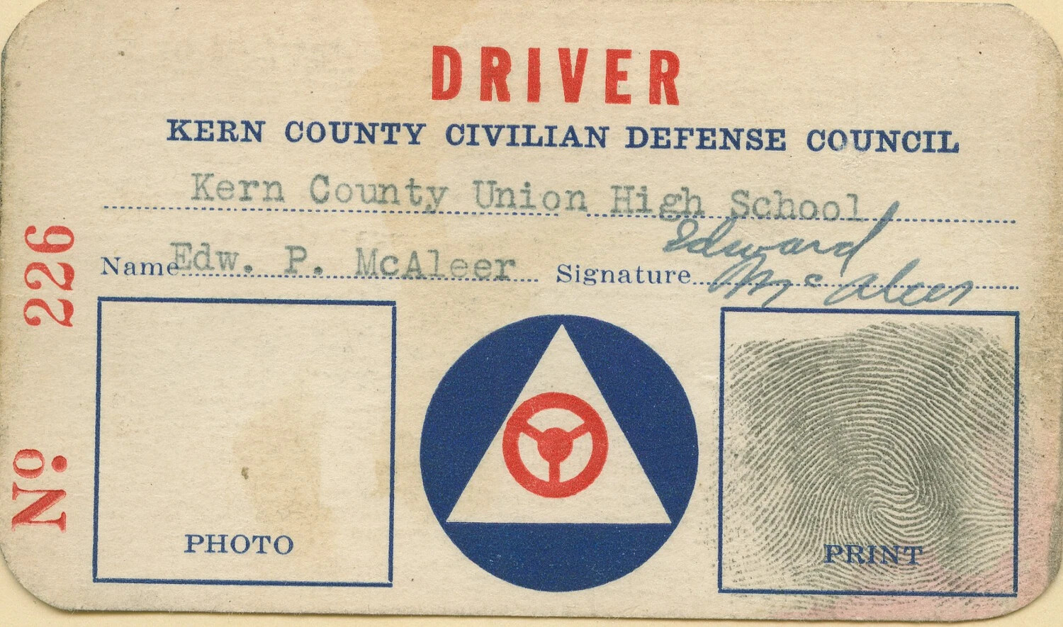 Kern County Civilian Defense Council Driver ID Card, Edward P. McAleer, WWII Home Front