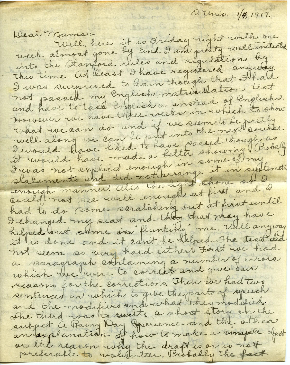 Handwritten Letter from Winnie Wagener to 'Dear Mama,' Stanford University, January 4, 1917