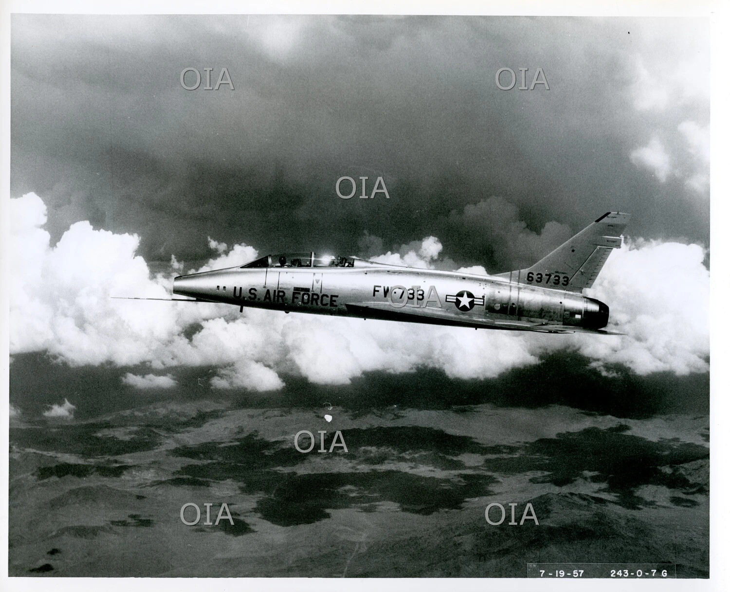 North American F-100 Super Sabre in Flight Above Clouds, July 1957