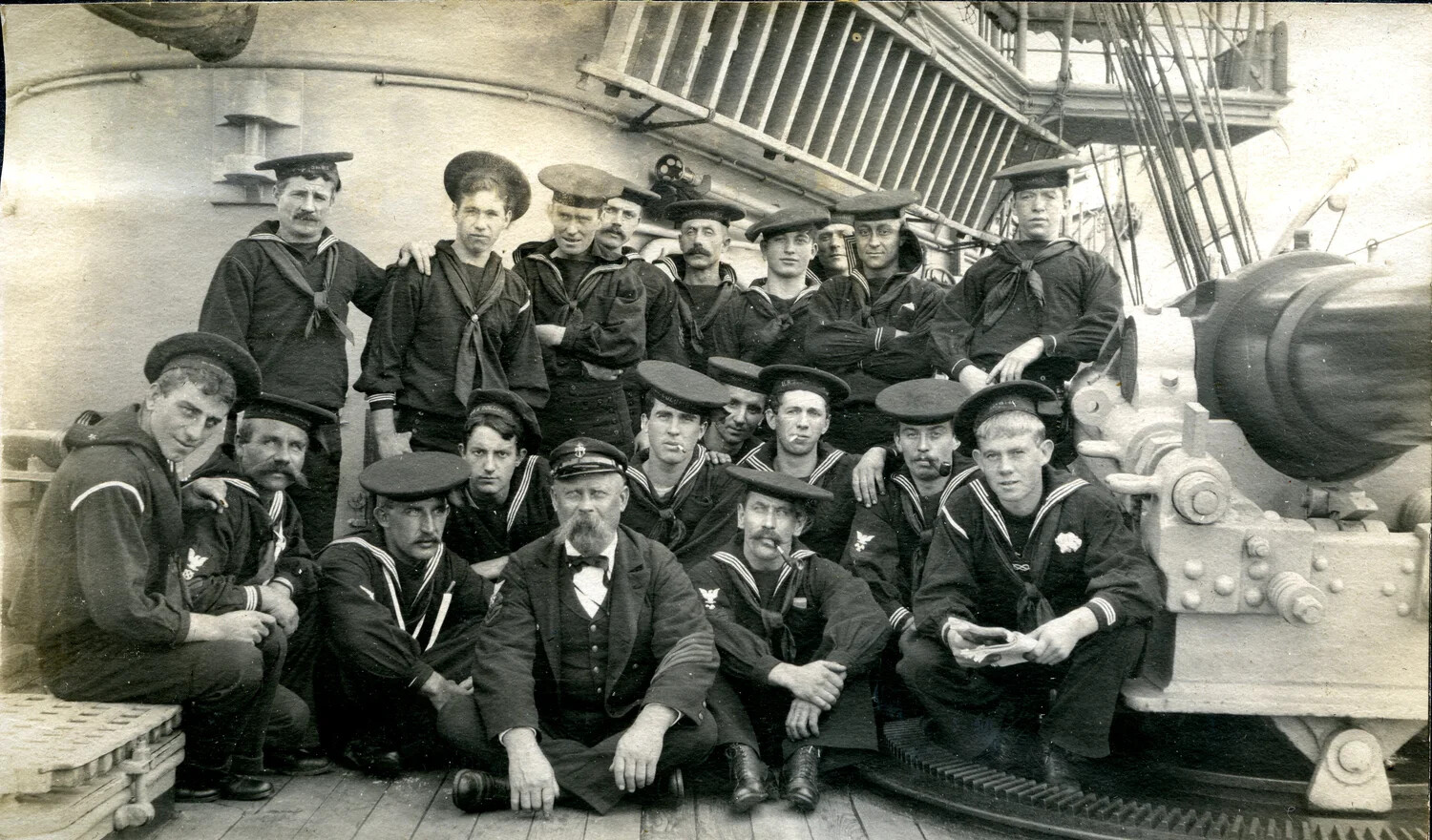 First Division Gun Crew Posed Beside Main Battery Gun, USS Columbia