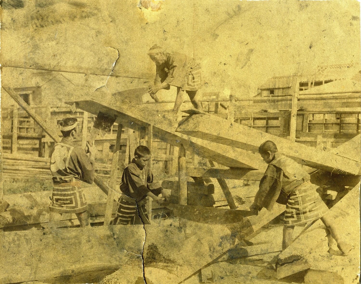 Japanese Laborers Constructing a Wooden Boat Frame, Coastal Village Setting