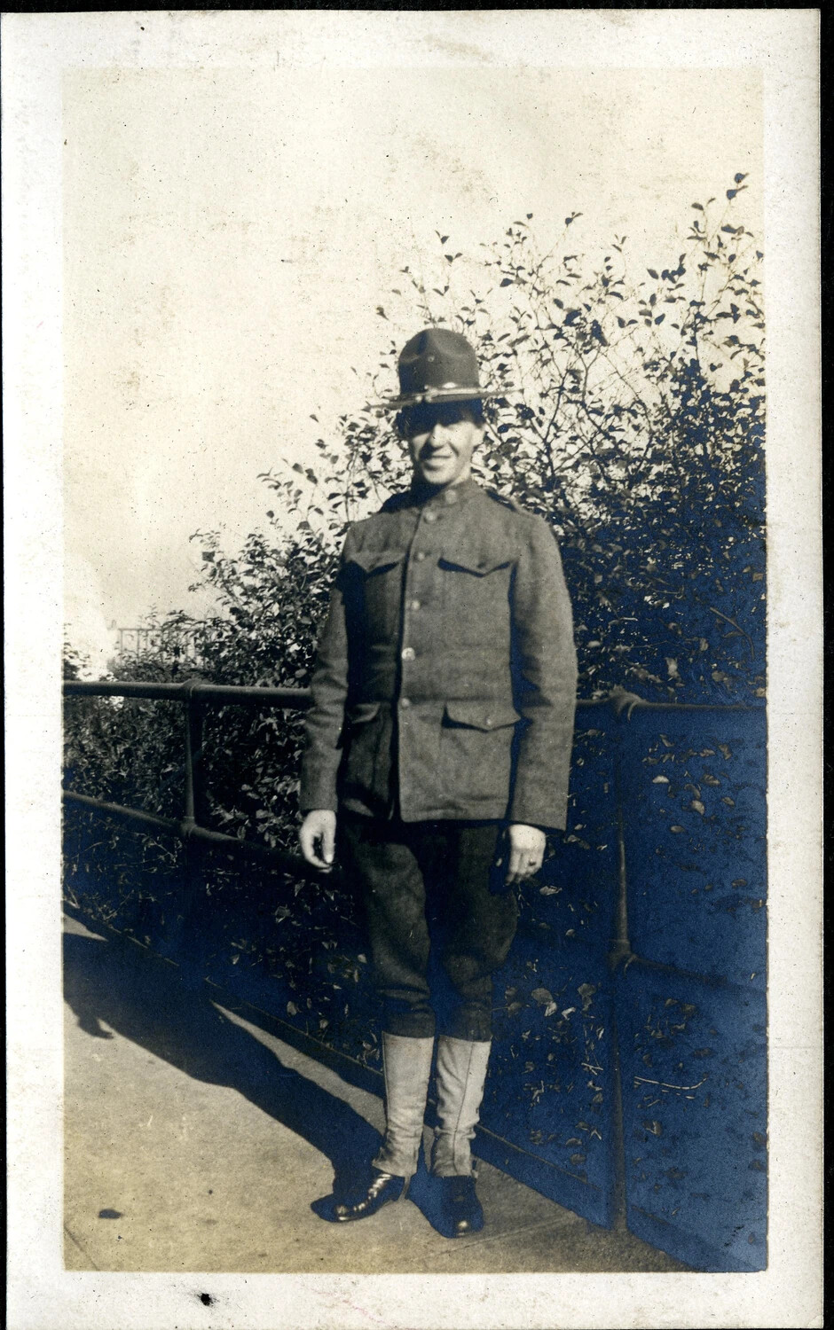 Portrait of a U.S. Army Soldier on a Railed Walkway, World War I Era