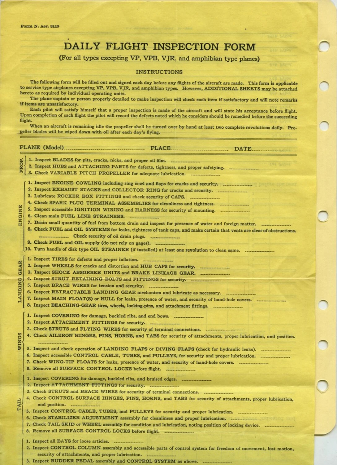 U.S. Navy "Daily Flight Inspection Form" (Form N. Aer. 3119) - Pat McAleer Document Collection