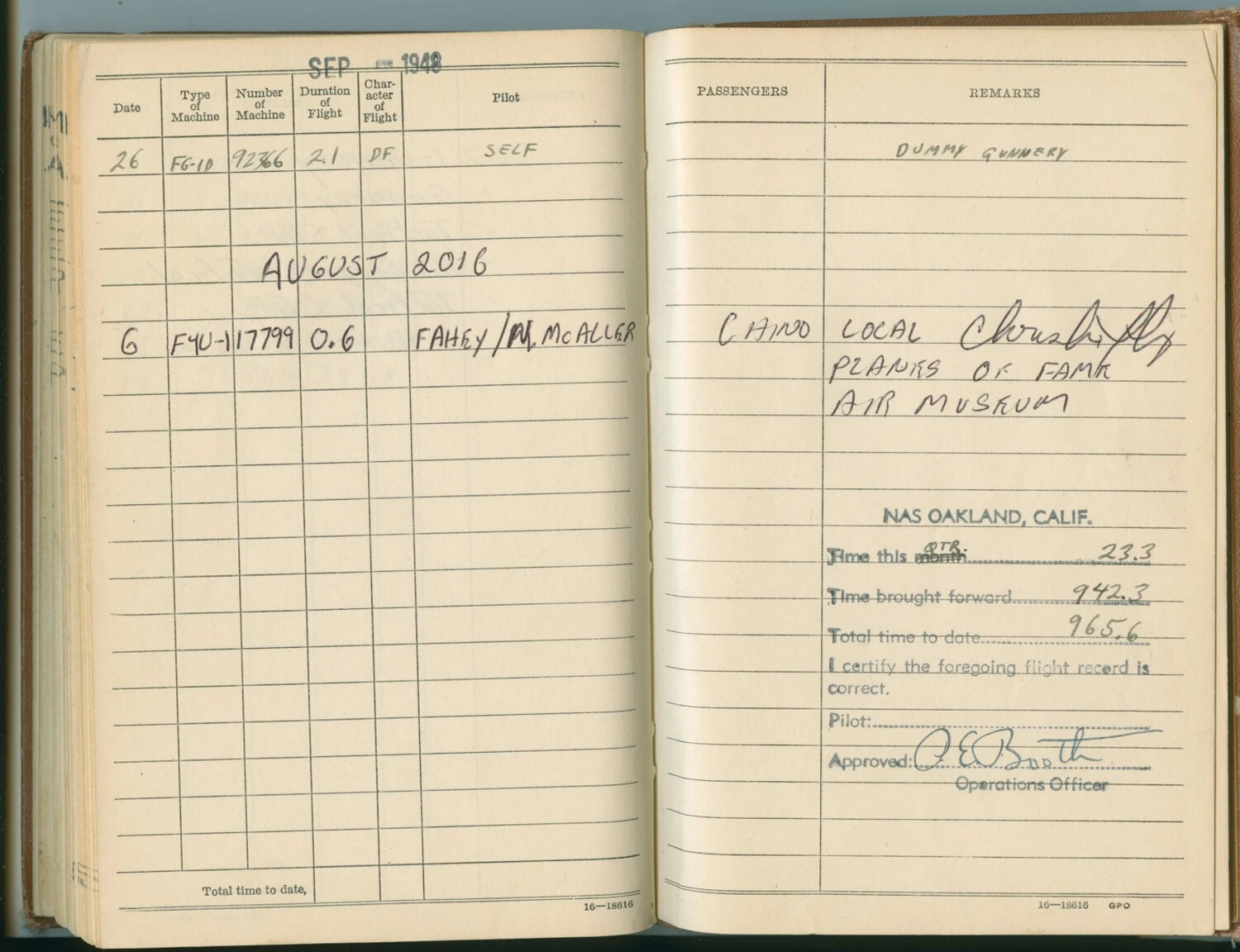 Naval Aviator's Flight Logbook - September 1948 Entries, FG-1D and F4U-1 Corsair, NAS Oakland