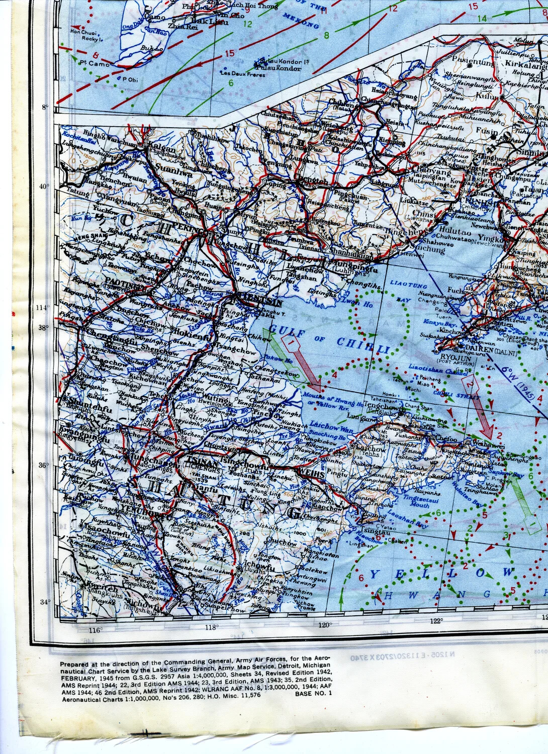 WWII AAF Silk Escape & Evasion Map, North China Coast (Peking-Tsingtao-Yellow Sea Region), February 1945