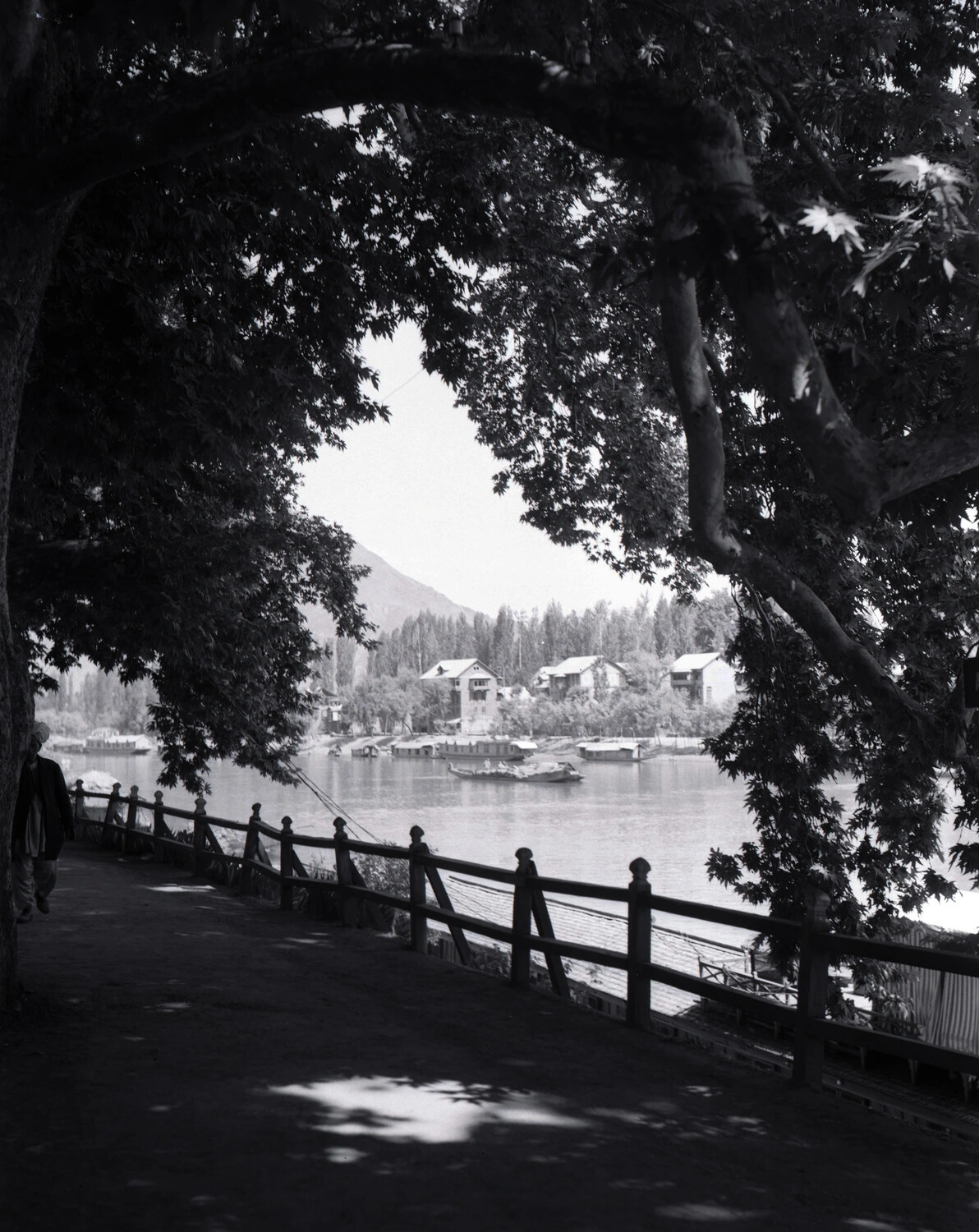 Lakeside Promenade with Houseboats, Likely Dal Lake, Srinagar, Kashmir (CBI Theater, 1944-45)