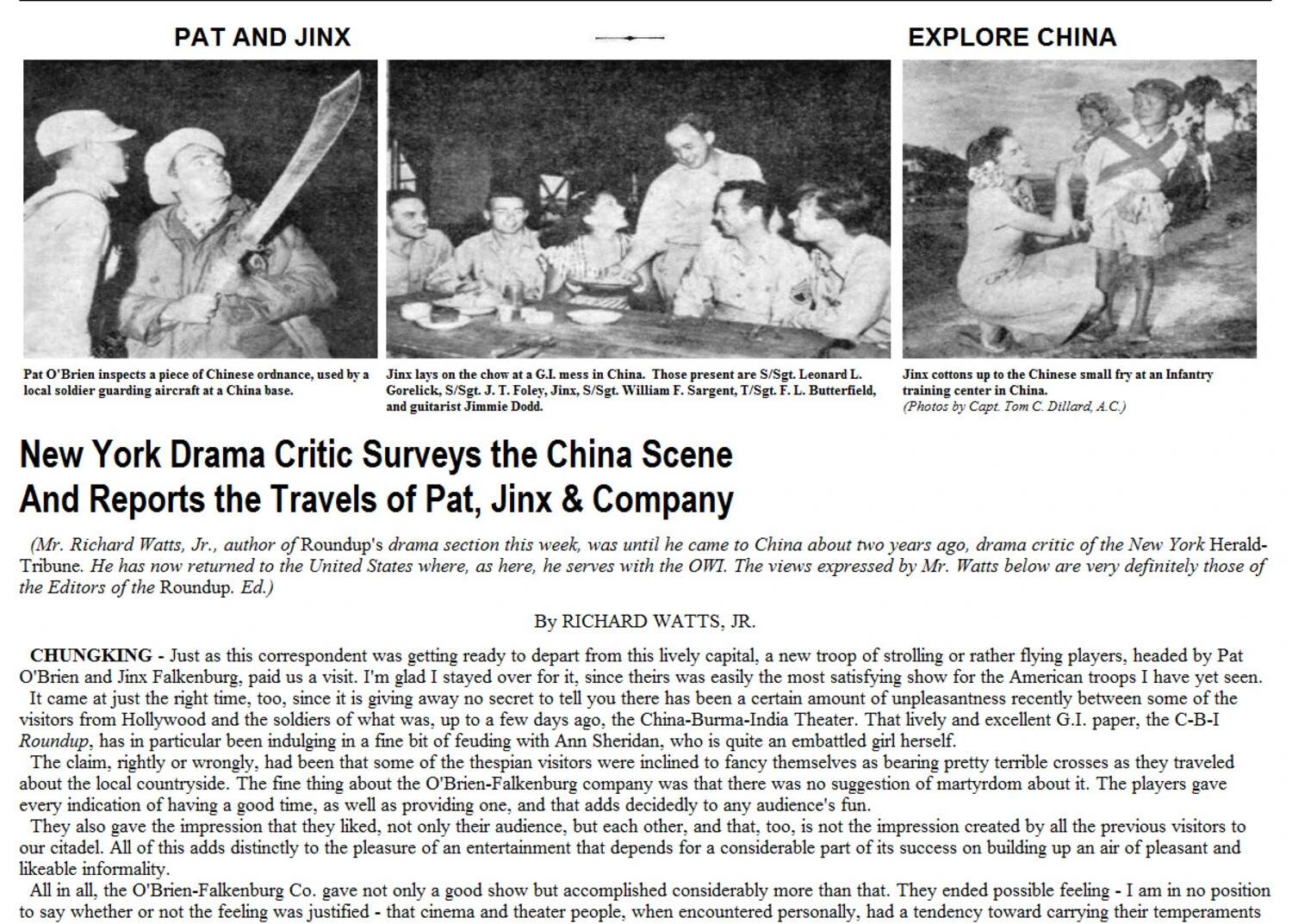CBI Roundup Newspaper Article – 'Pat and Jinx' Entertainment Tour of China, WWII