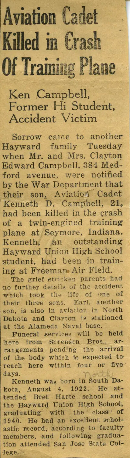 Newspaper Clipping: 'Aviation Cadet Killed in Crash of Training Plane' -- Kenneth D. Campbell, Freeman Army Air Field