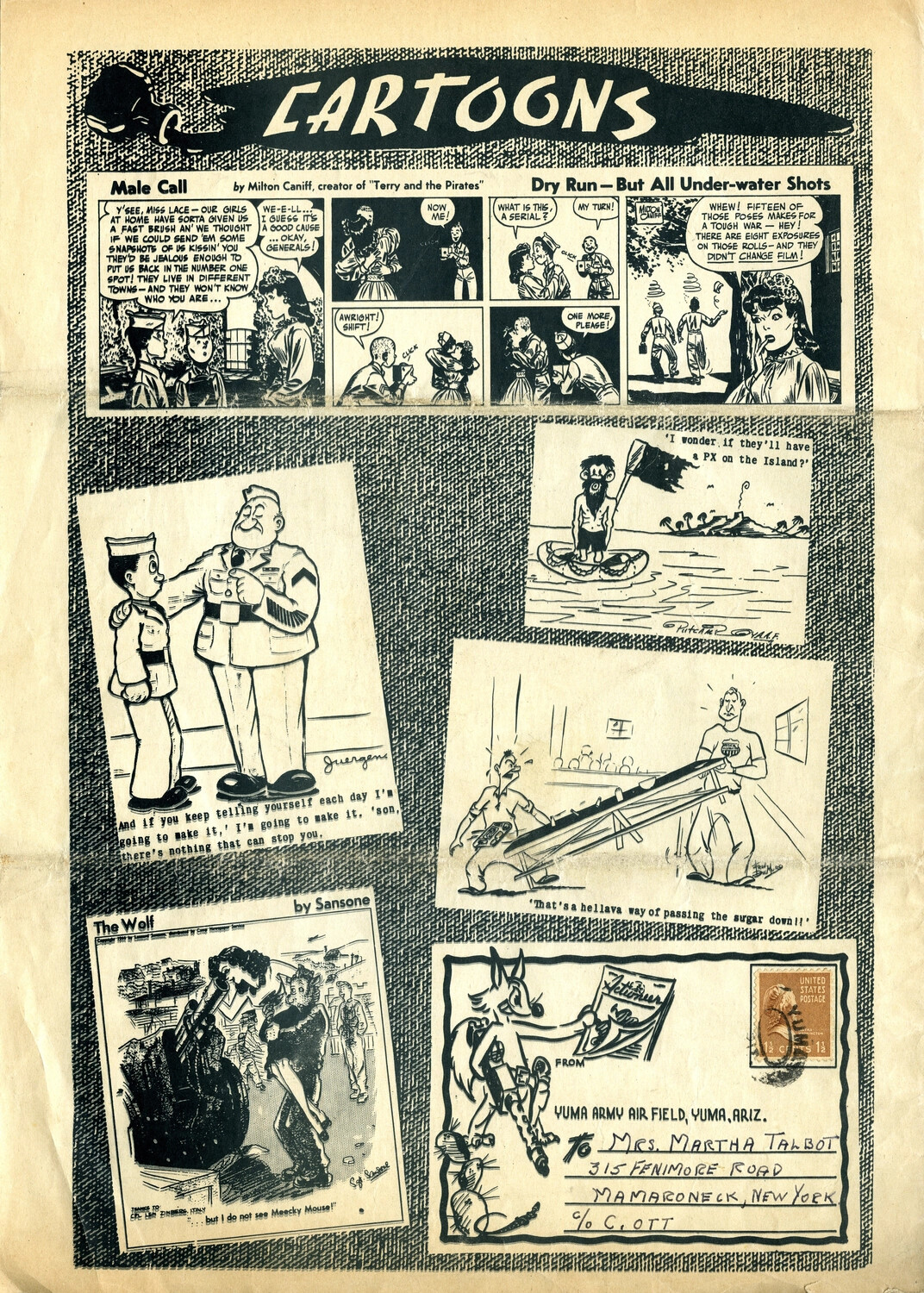 Cartoons Page featuring 'Male Call' by Milton Caniff and 'The Wolf' by Sansone - The Actioneer, Yuma Army Air Field, 1944