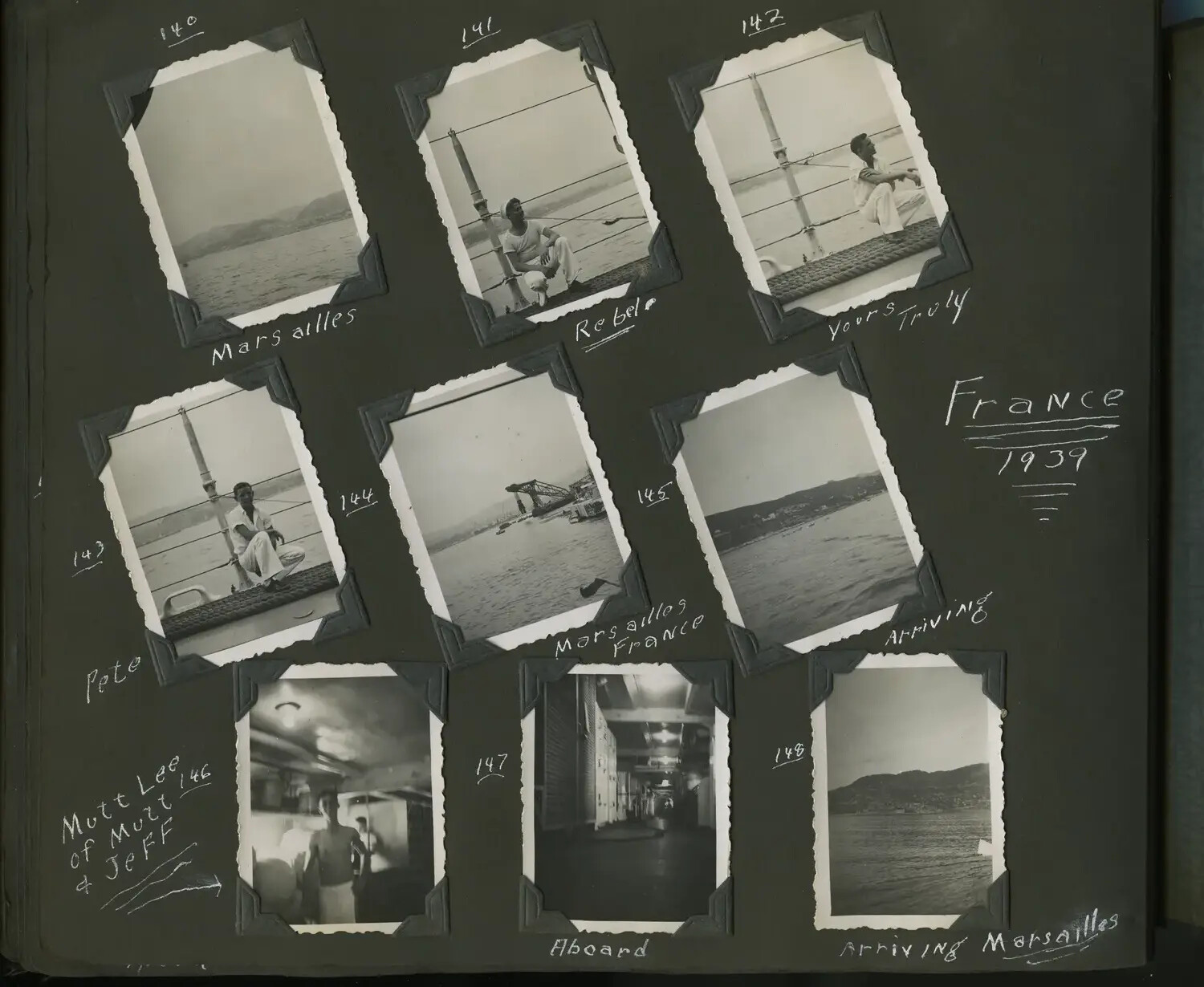 Photo Album Page, USS Trenton Scrapbook: 'France 1939' -- Arrival at Marseilles, Photos 140-148