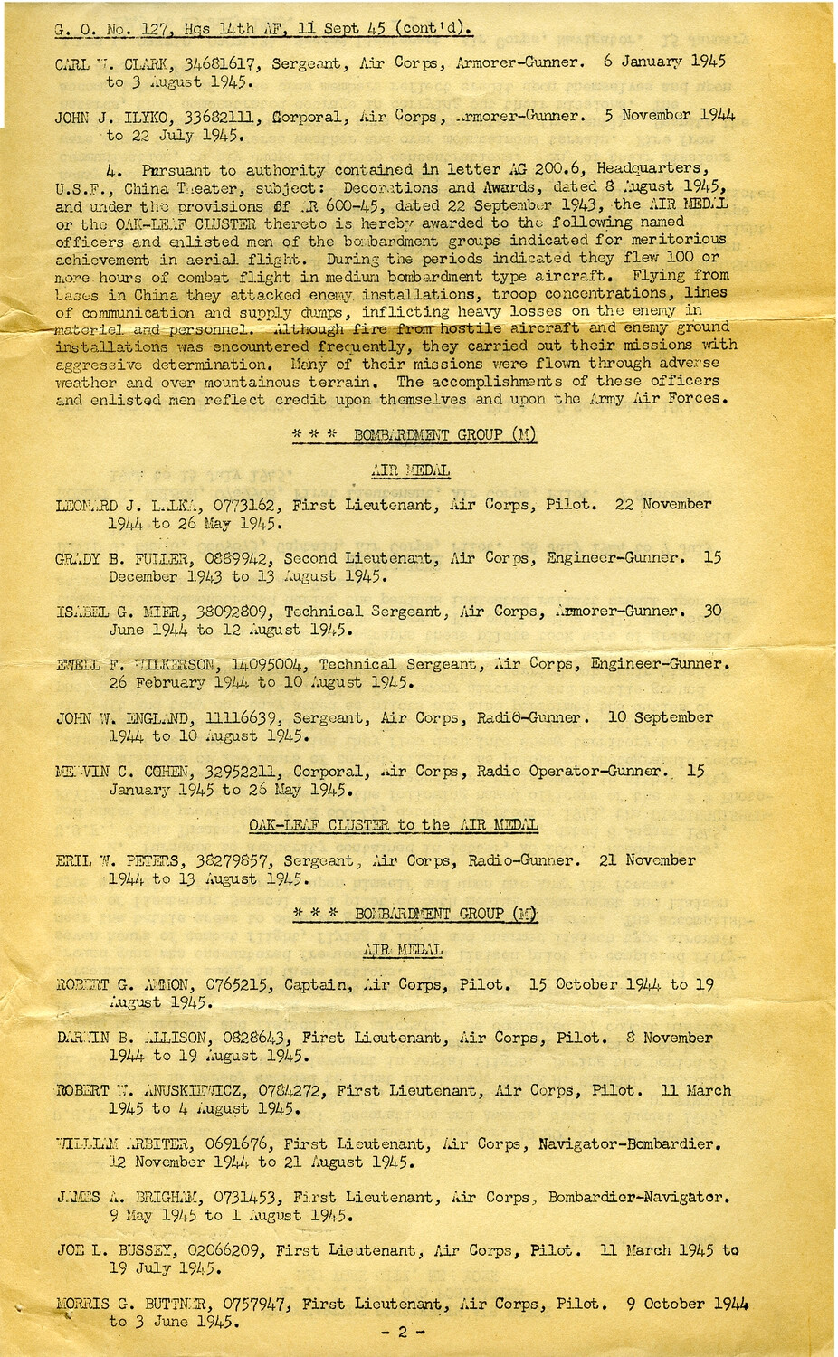 General Order No. 127, Headquarters 14th Air Force, 11 September 1945 - Page 2, Air Medal Citations