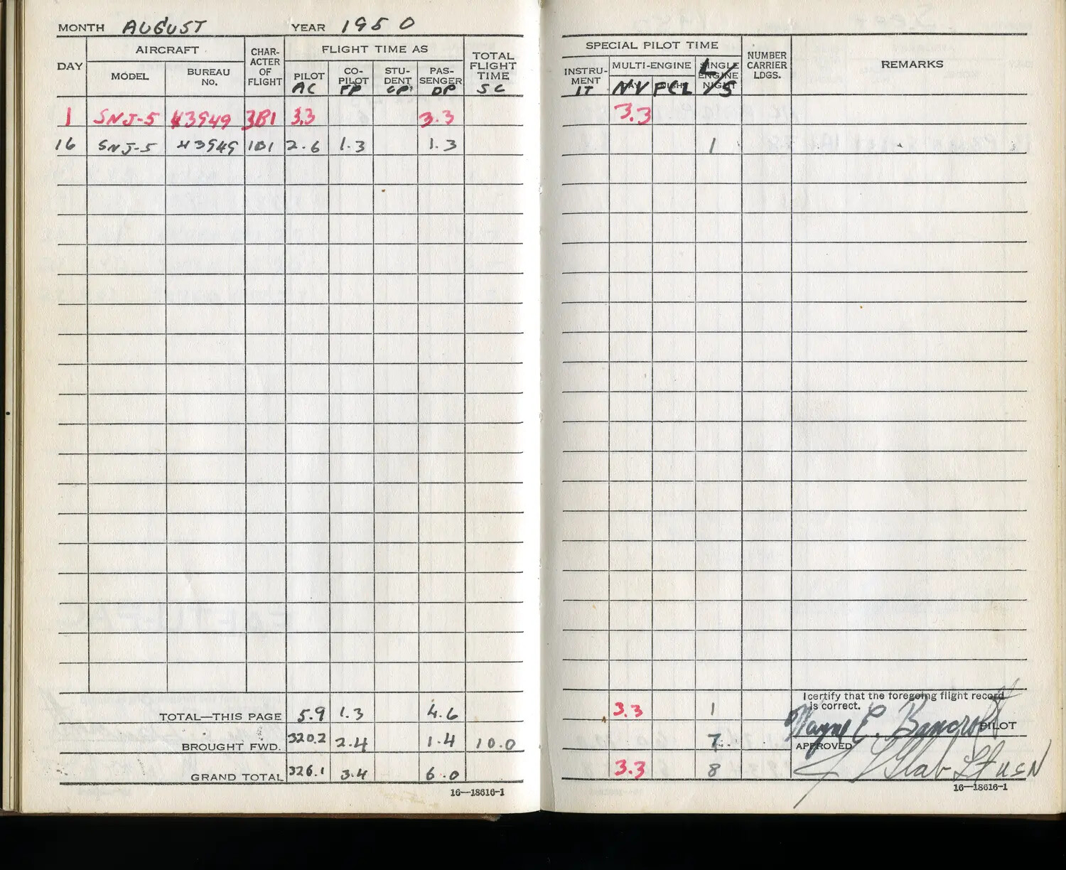 Lt. Darryl E. Bancroft's Flight Logbook, August 1950 — SNJ-5 Training Entries