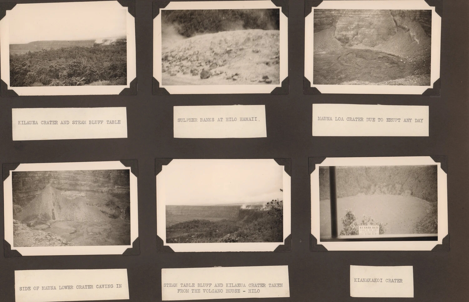 Album Page: Six Snapshots of Hawaii Volcanoes National Park (Kilauea, Mauna Loa, Sulphur Banks, Volcano House), WWII-Era Personal Travel Photographs