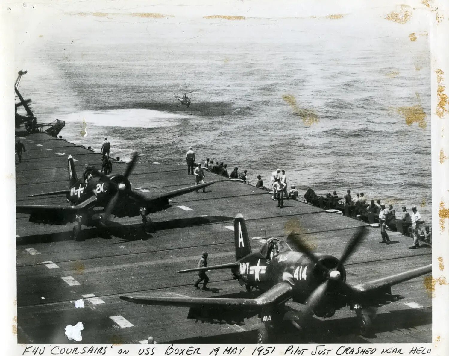 F4U Corsairs on USS Boxer (CV-21) During Korean War Operations, 19 May 1951 — Pilot Crash and Helicopter Rescue in Progress