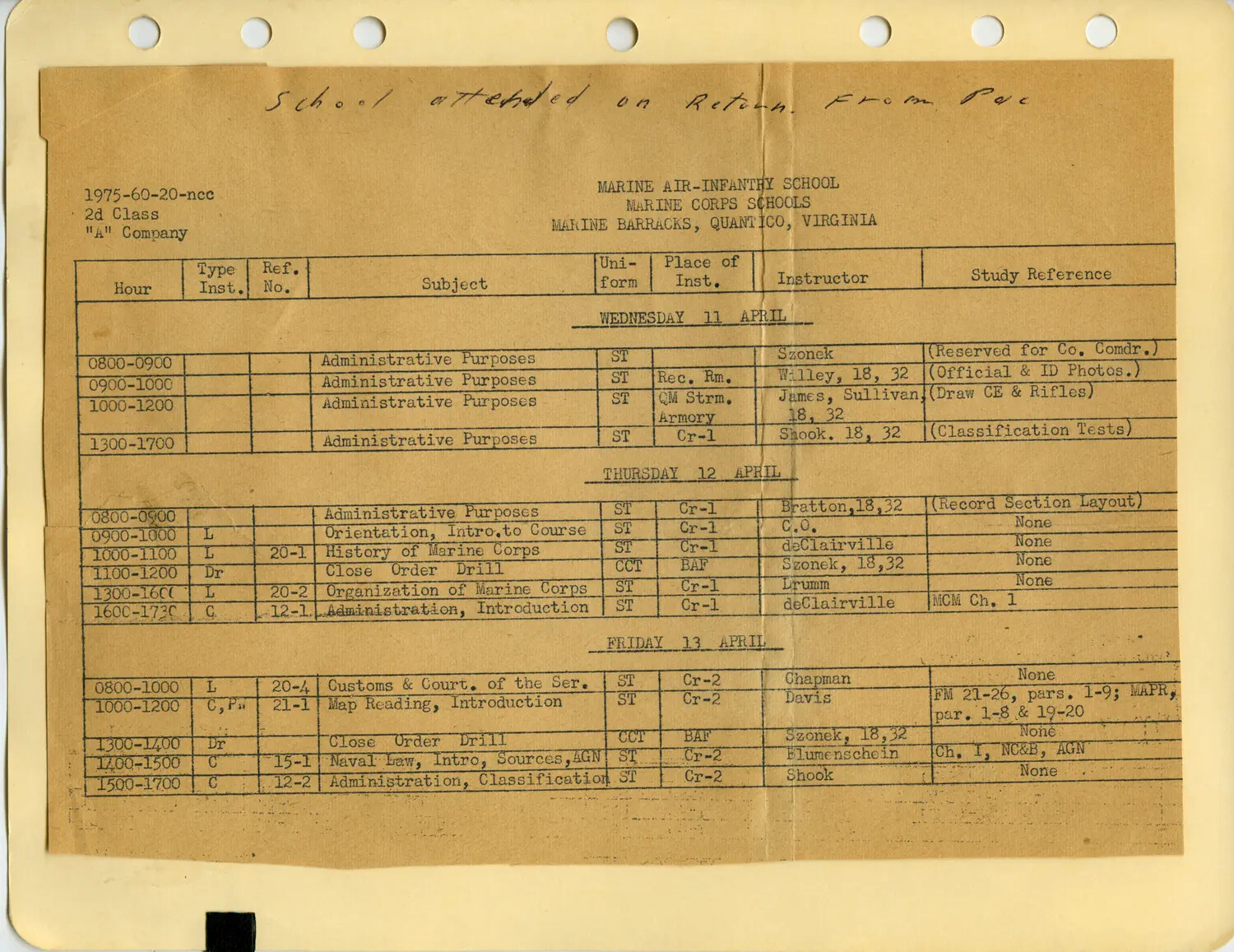 Marine Air-Infantry School Class Schedule, Quantico, Virginia - Edward P. McAleer Collection