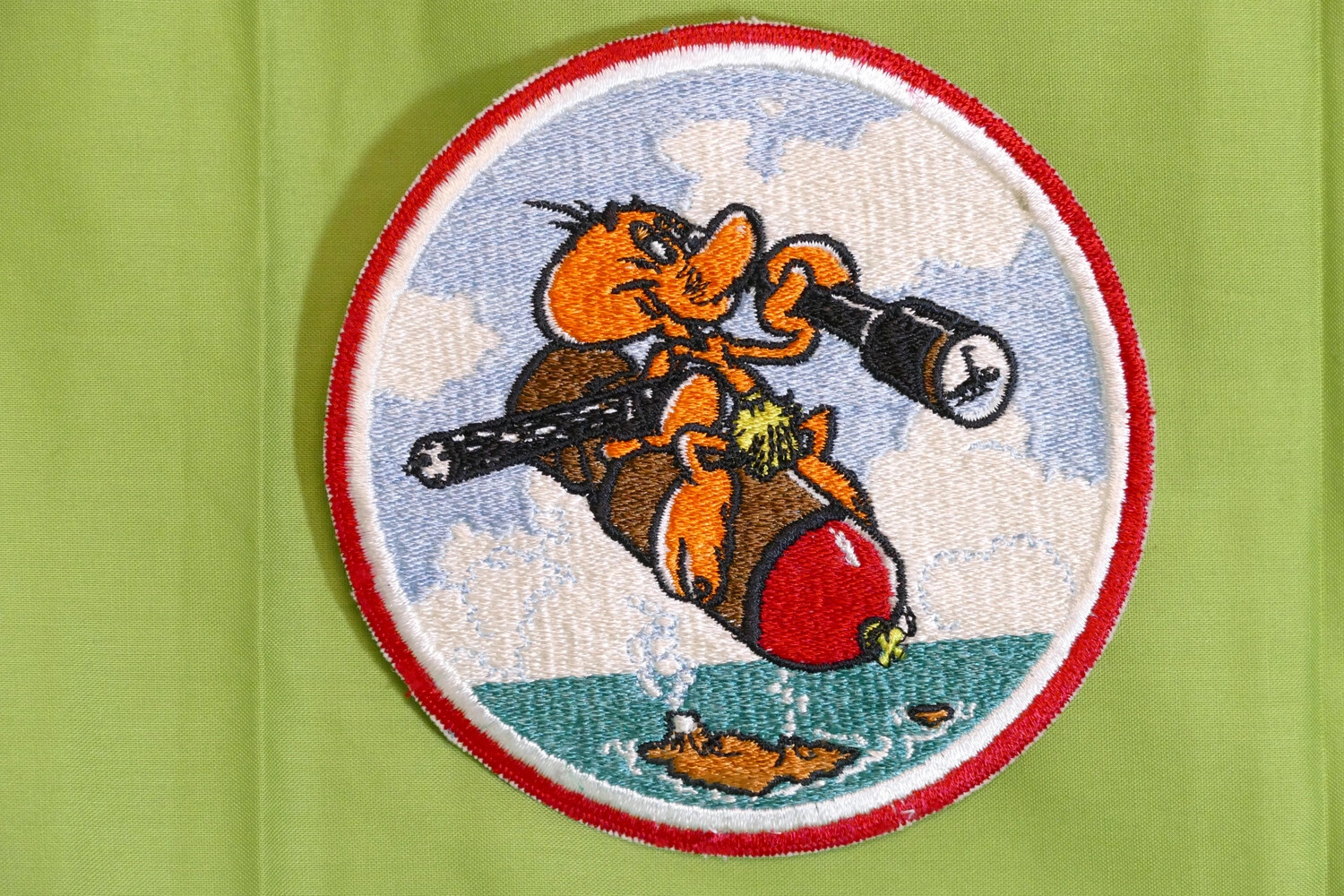 US Navy Squadron Patch, Cartoon Mascot Riding a Bomb -- Lt. Bancroft Korean War Collection