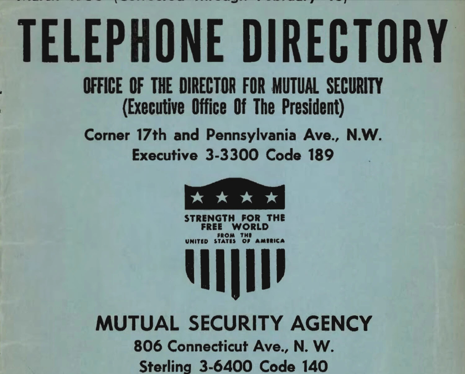 Telephone Directory Cover, Office of the Director for Mutual Security, Executive Office of the President, Washington, D.C.