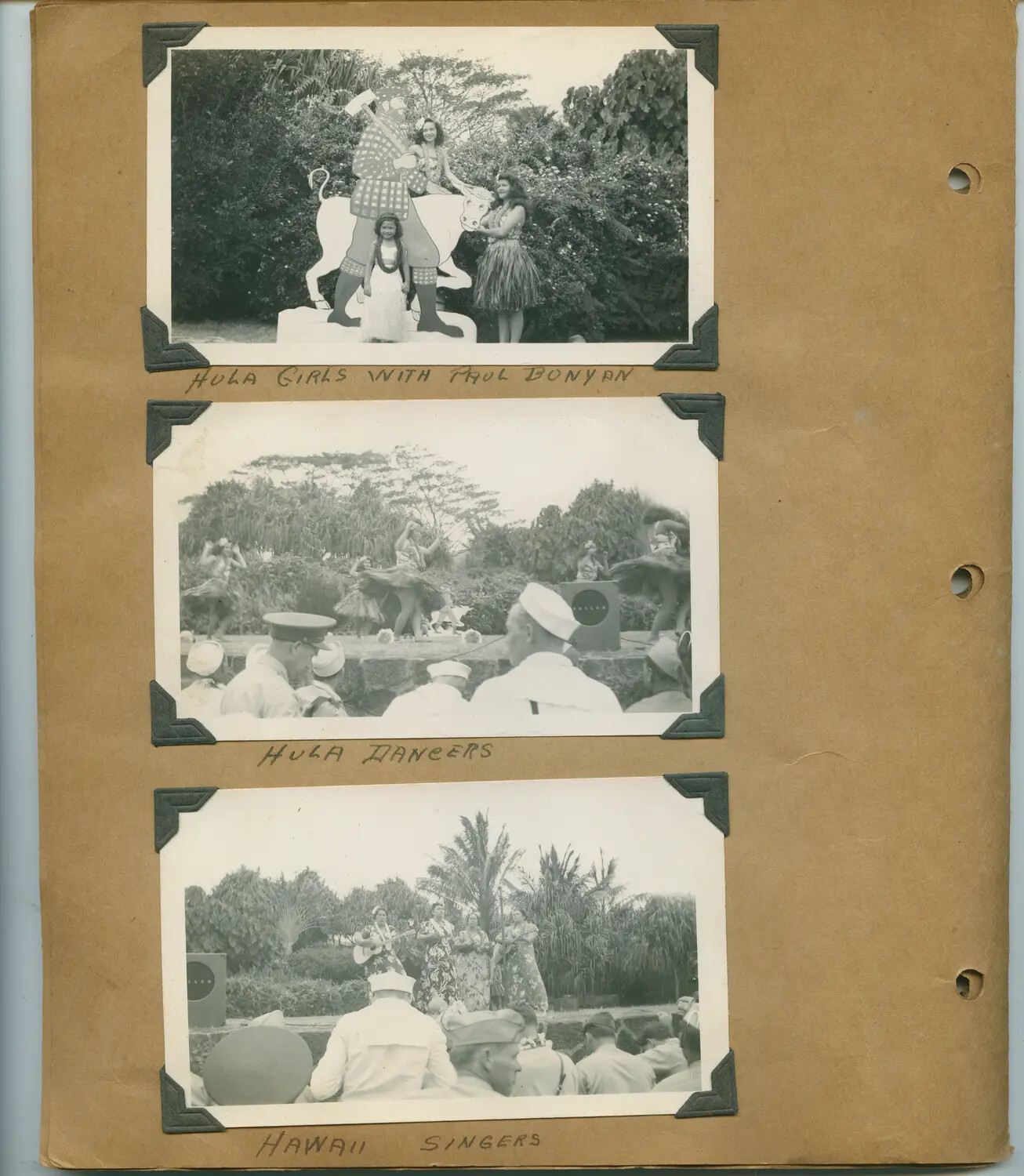 WWII Hawaii Photo Album Page: Hula Performances and Paul Bunyan Statue, Servicemen Audience