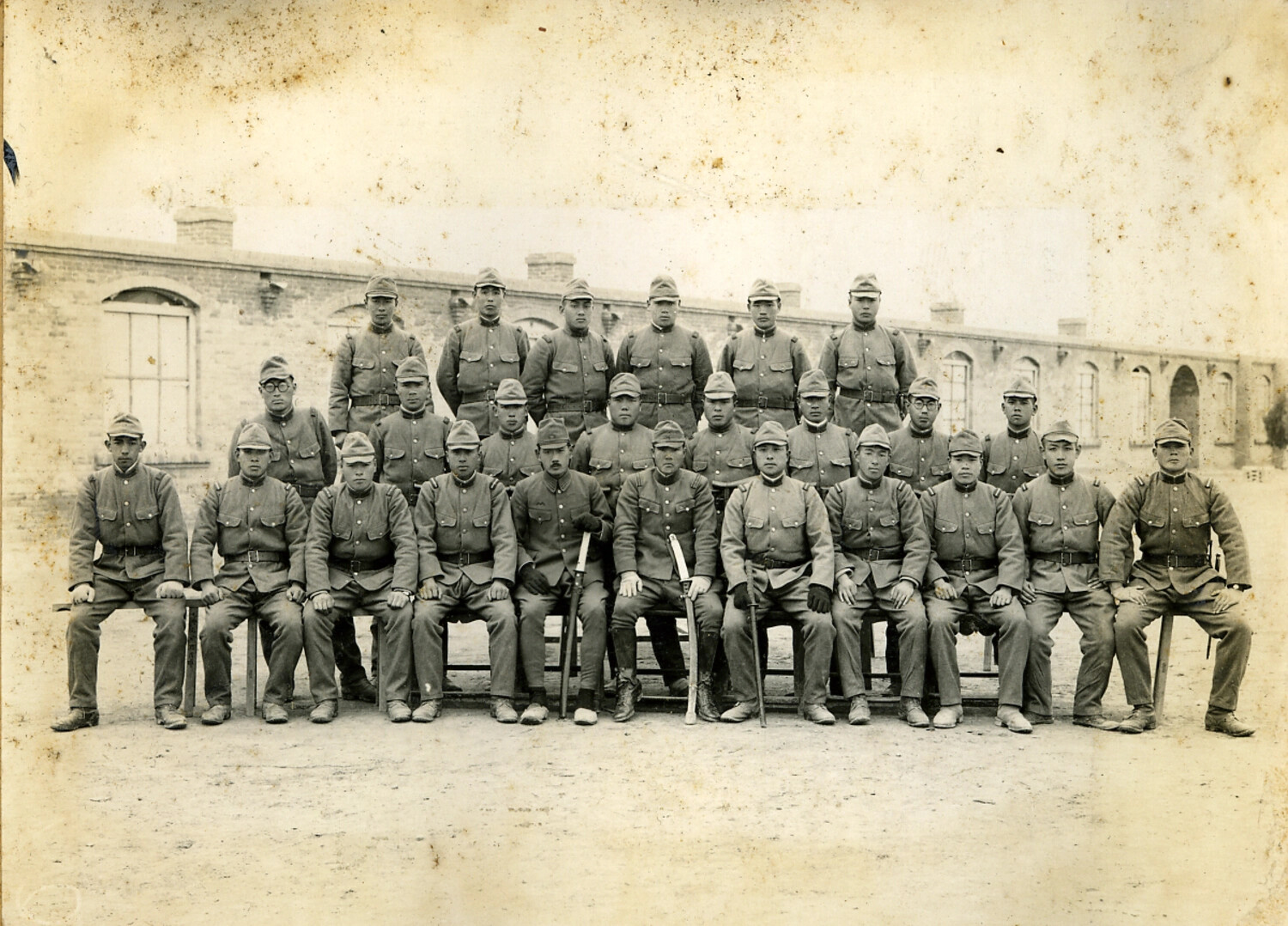 Group Portrait of an Imperial Japanese Army Unit at a Garrison Barracks