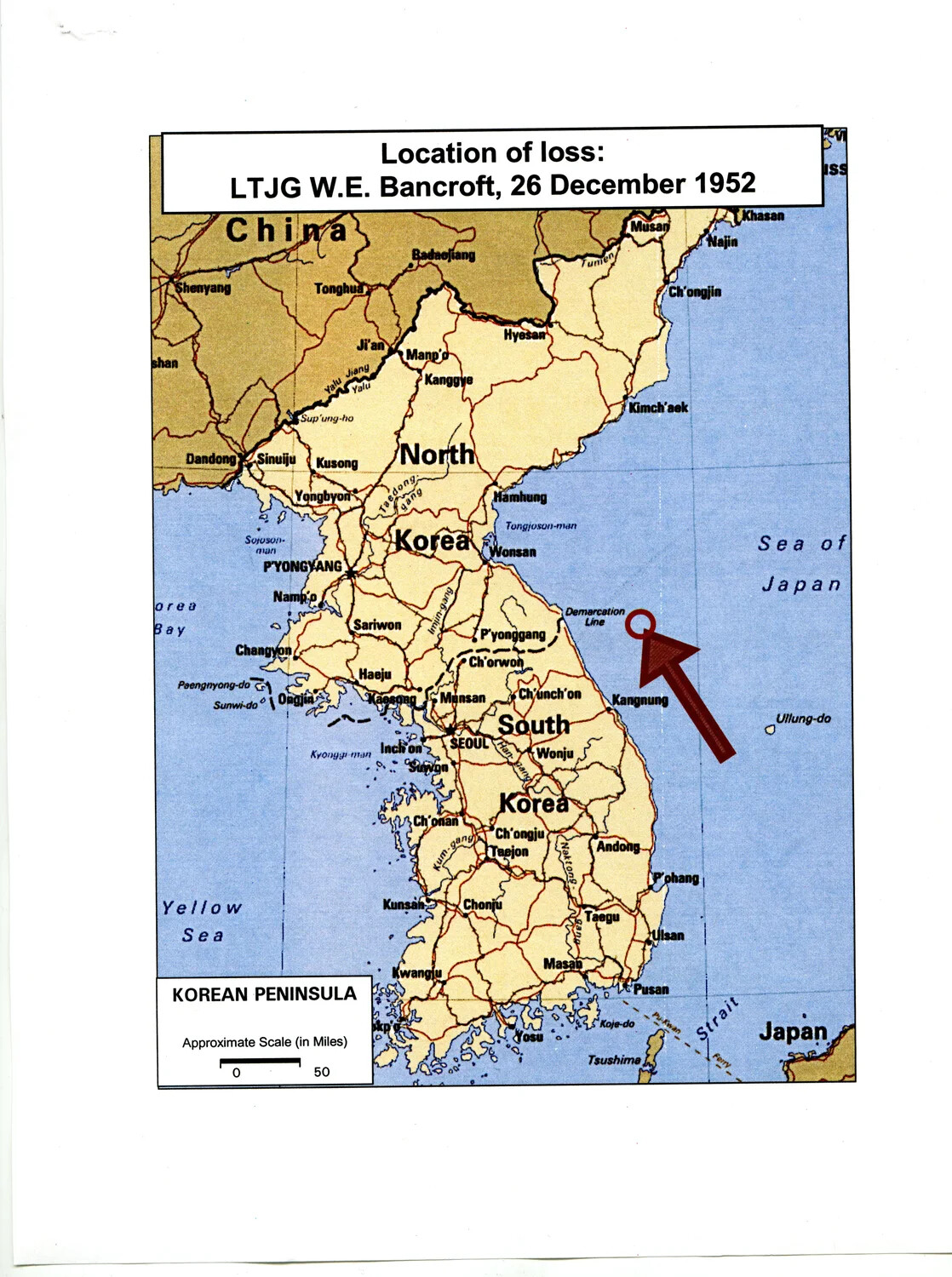 Reference Map -- Loss Location of LTJG W.E. Bancroft, 26 December 1952