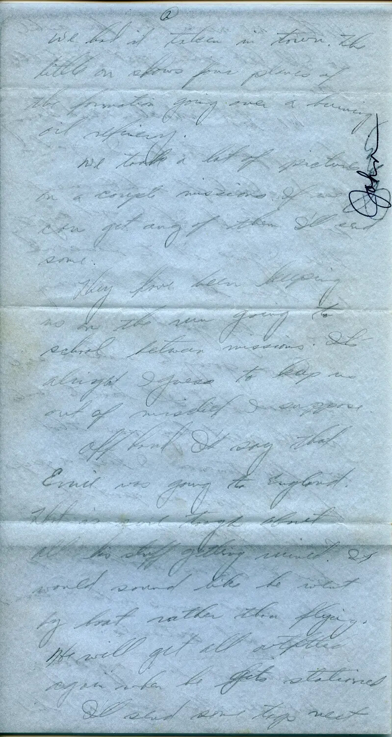 Handwritten Letter Describing B-24 Combat Mission Photography and Oil Refinery Raid, 1944 Margaroli Correspondence