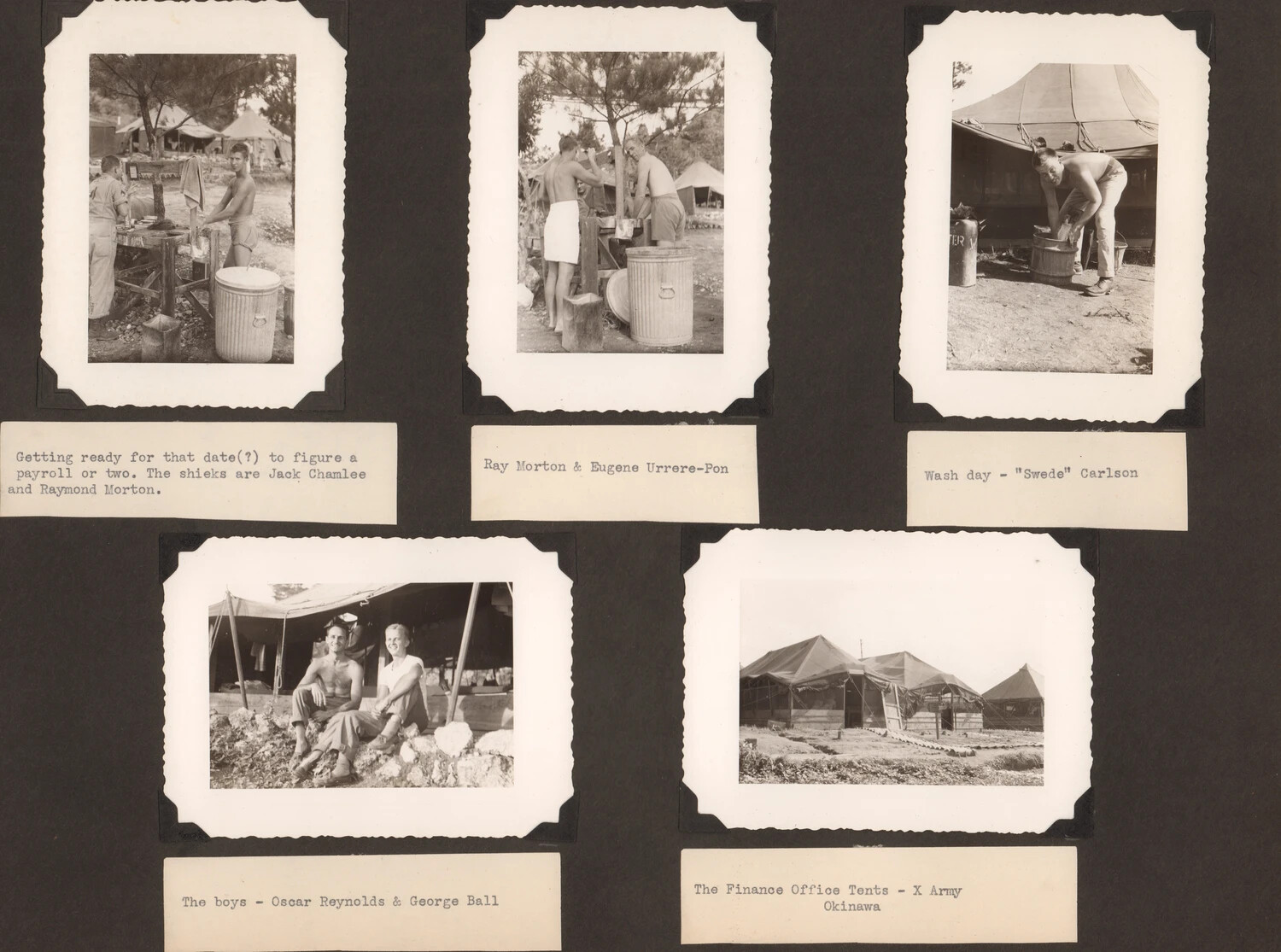 Camp Life Photo Album Page - Finance Office Personnel, Tenth Army (X Army), Okinawa, WWII