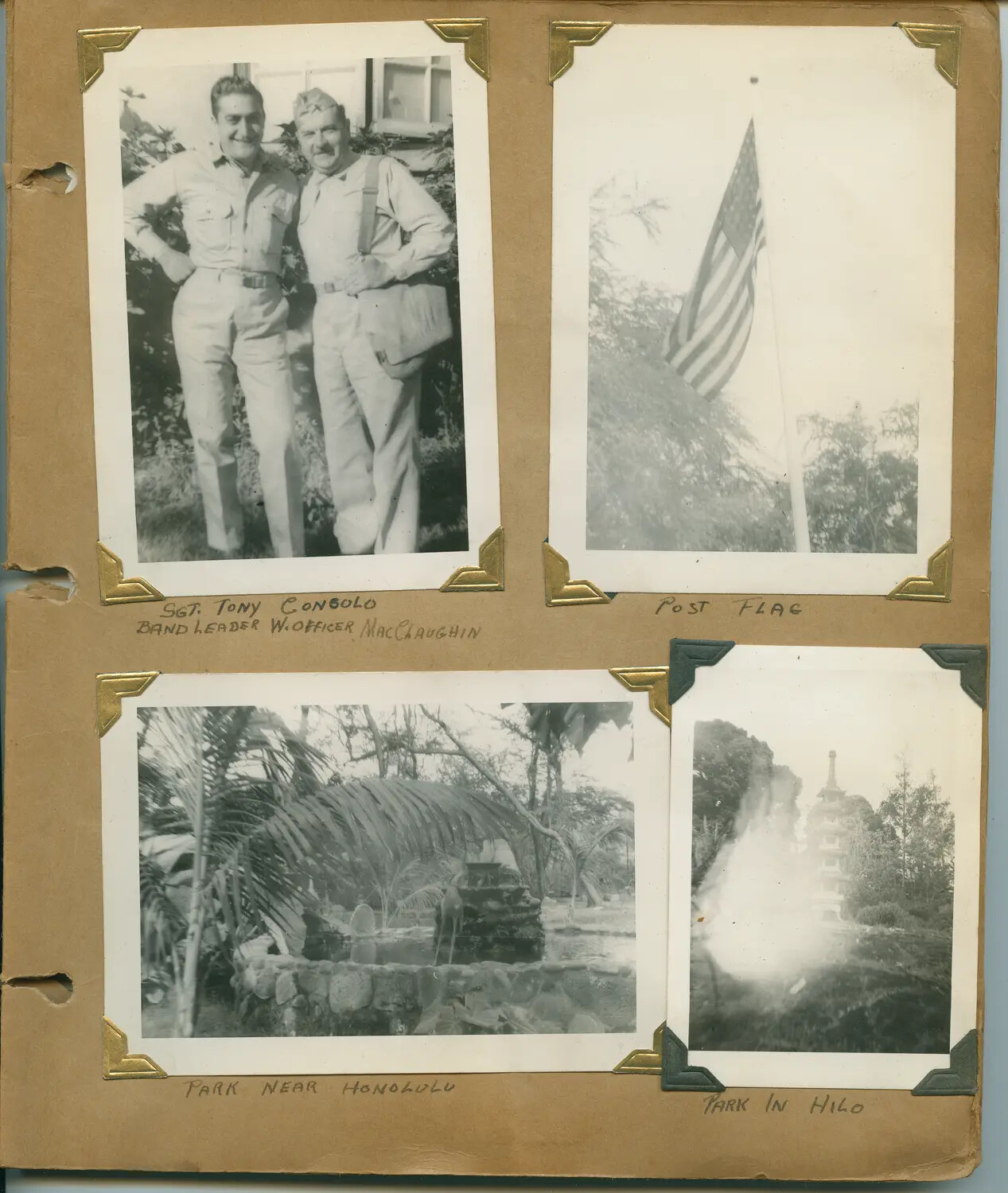 Album Page: Post Personnel, Flag, and Hawaiian Parks, World War II Era