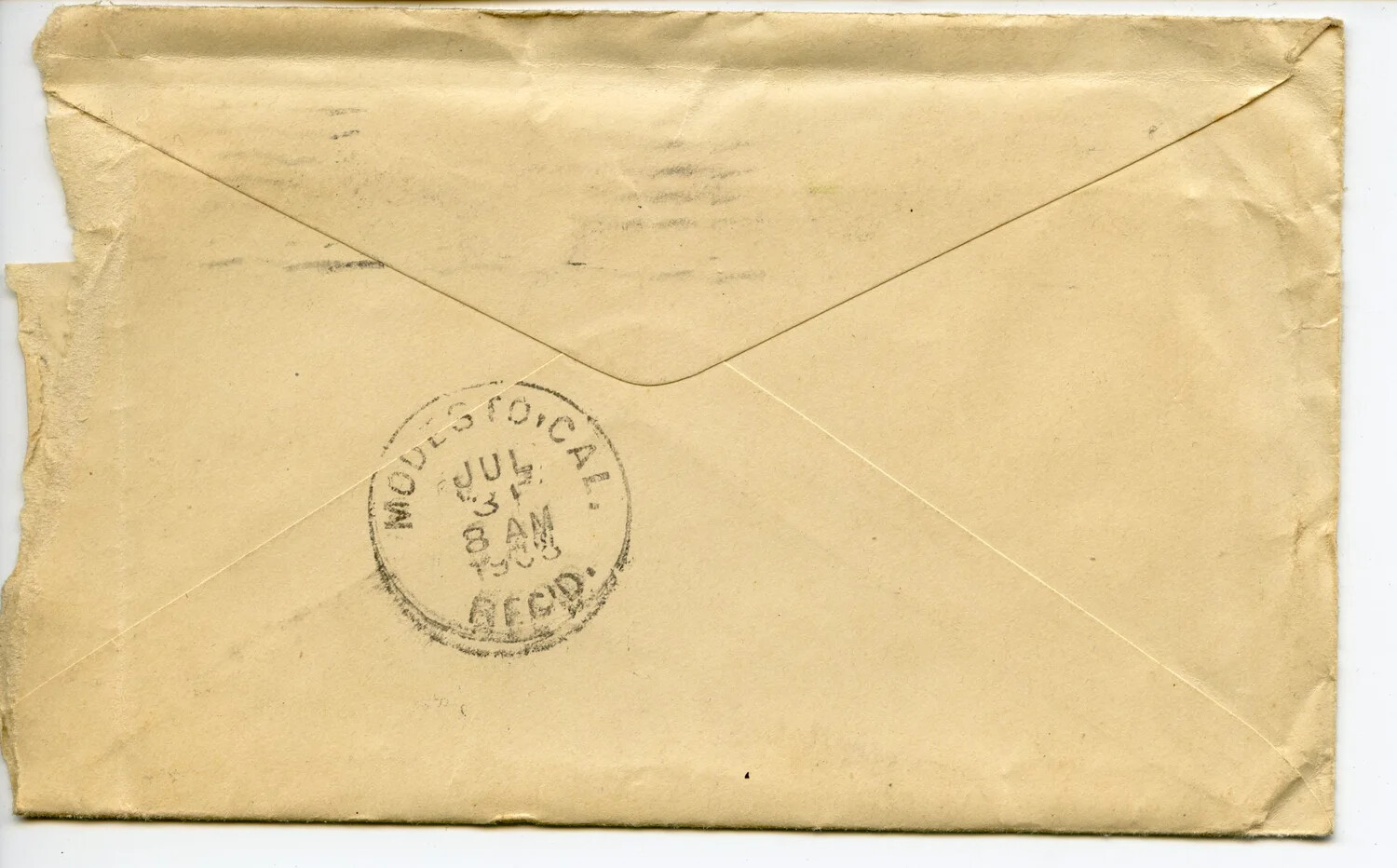 Verso of Mailing Envelope with Modesto, California Postmark, Wagener Family Correspondence Collection