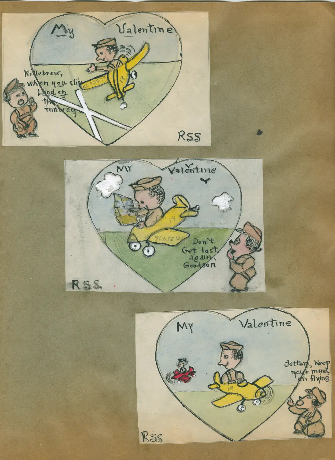 Hand-Drawn 'My Valentine' Cadet Humor Cartoons Signed 'RSS,' Naval Aviation Cadet Primary Training
