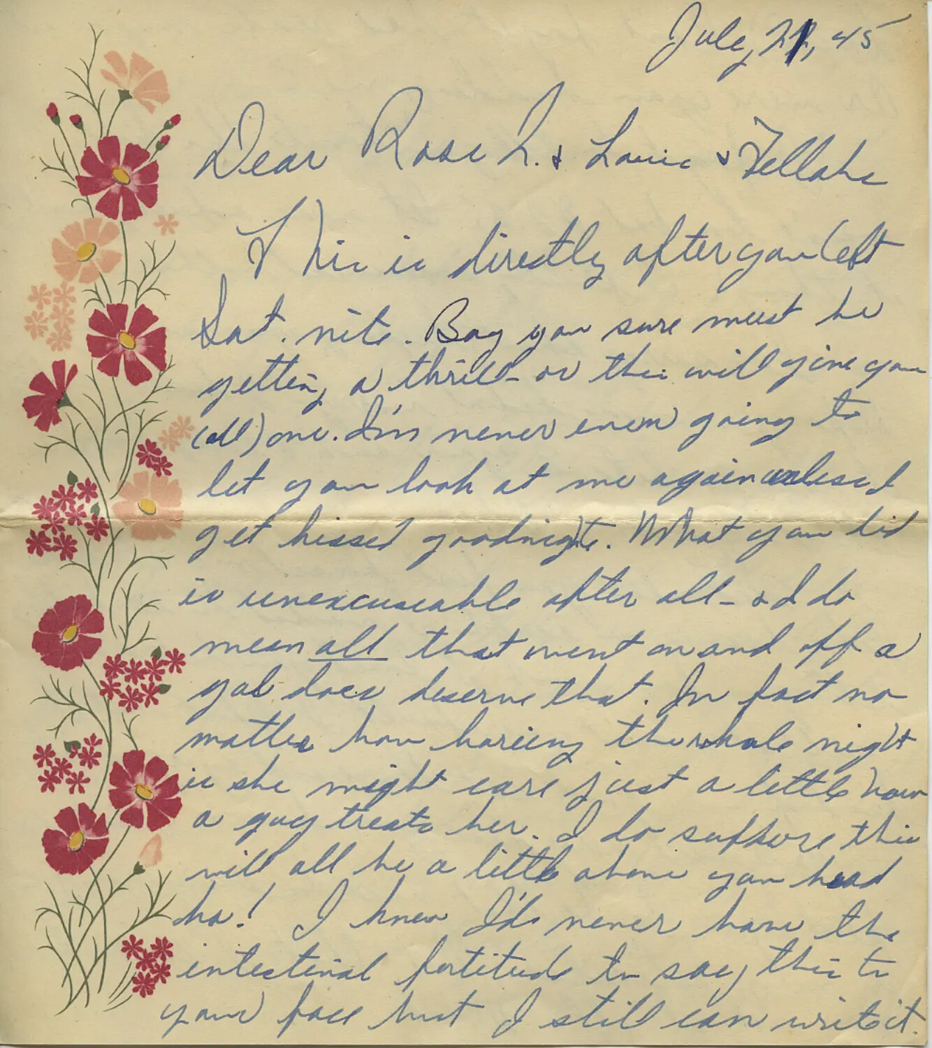 Handwritten Letter, 'Dear Rose L. & Louise & Fellahs,' Dated July 1945 — Moon Sammiet Collection