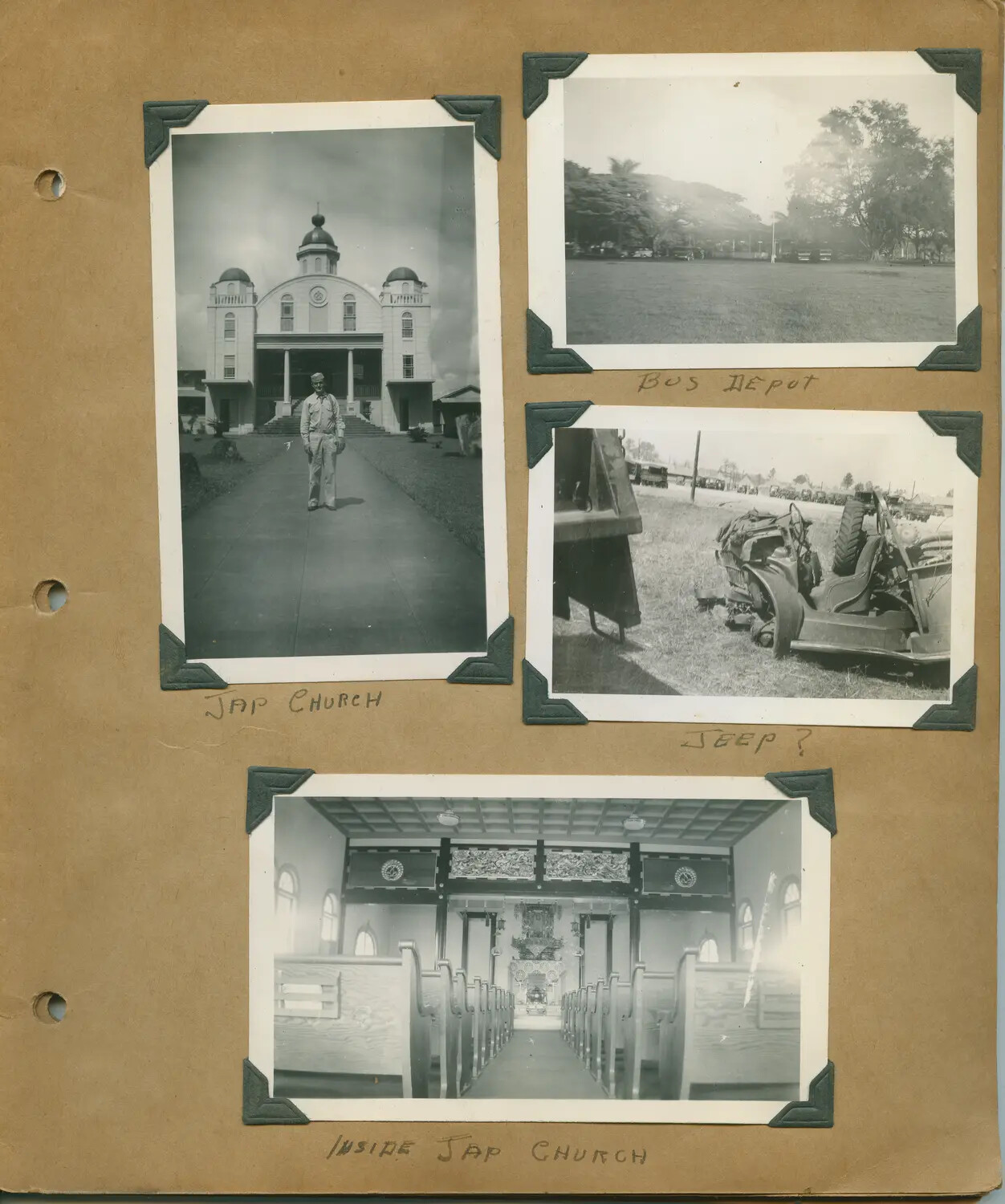 Album Page: Japanese Buddhist Temple, Bus Depot, and Wrecked Vehicle, Hawaii, WWII Era